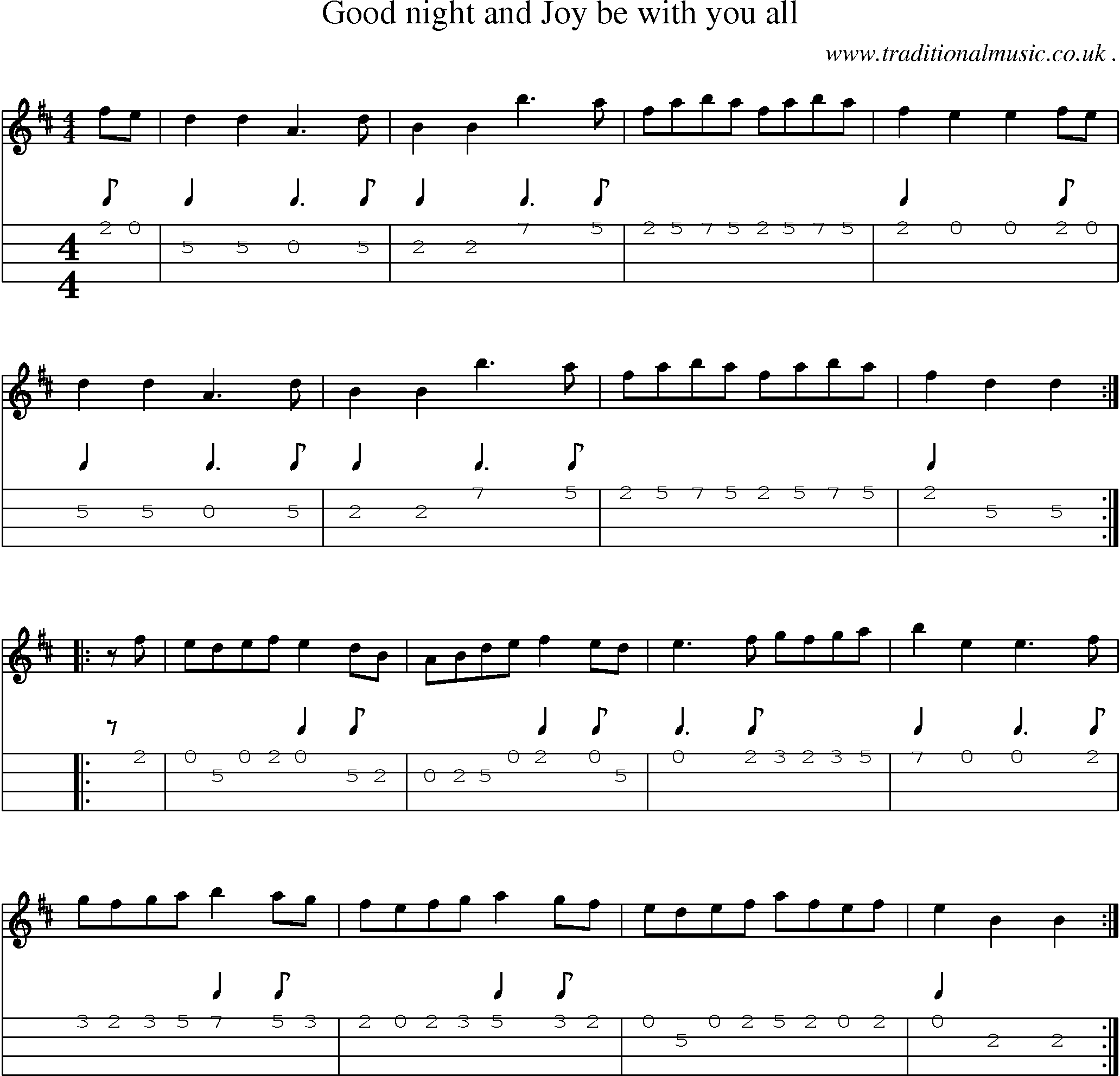 Sheet-Music and Mandolin Tabs for Good Night And Joy Be With You All