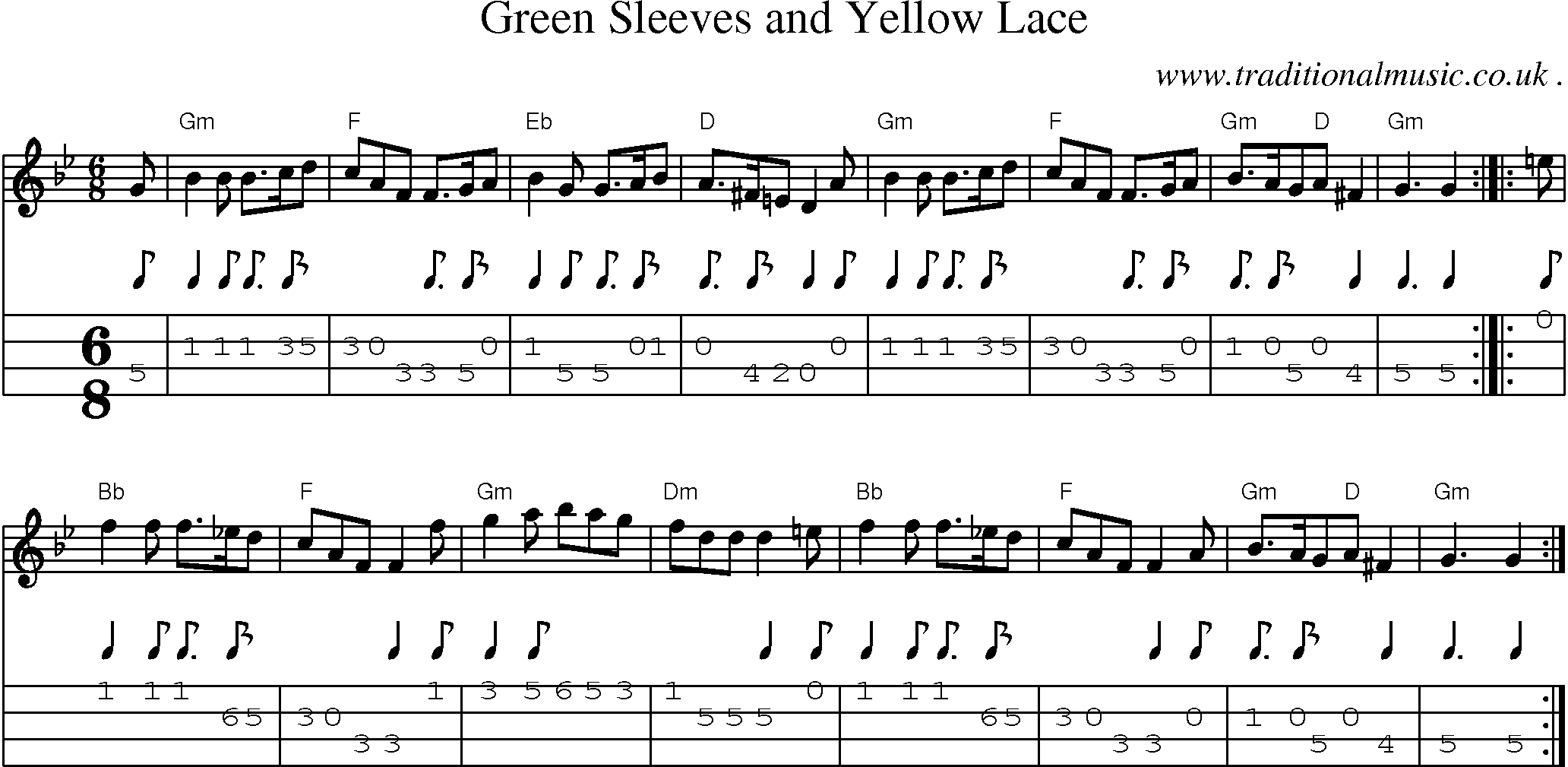 Sheet-Music and Mandolin Tabs for Green Sleeves And Yellow Lace