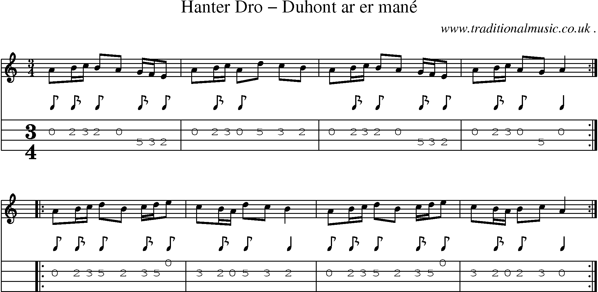 Sheet-Music and Mandolin Tabs for Hanter Dro Duhont Ar Er Mane
