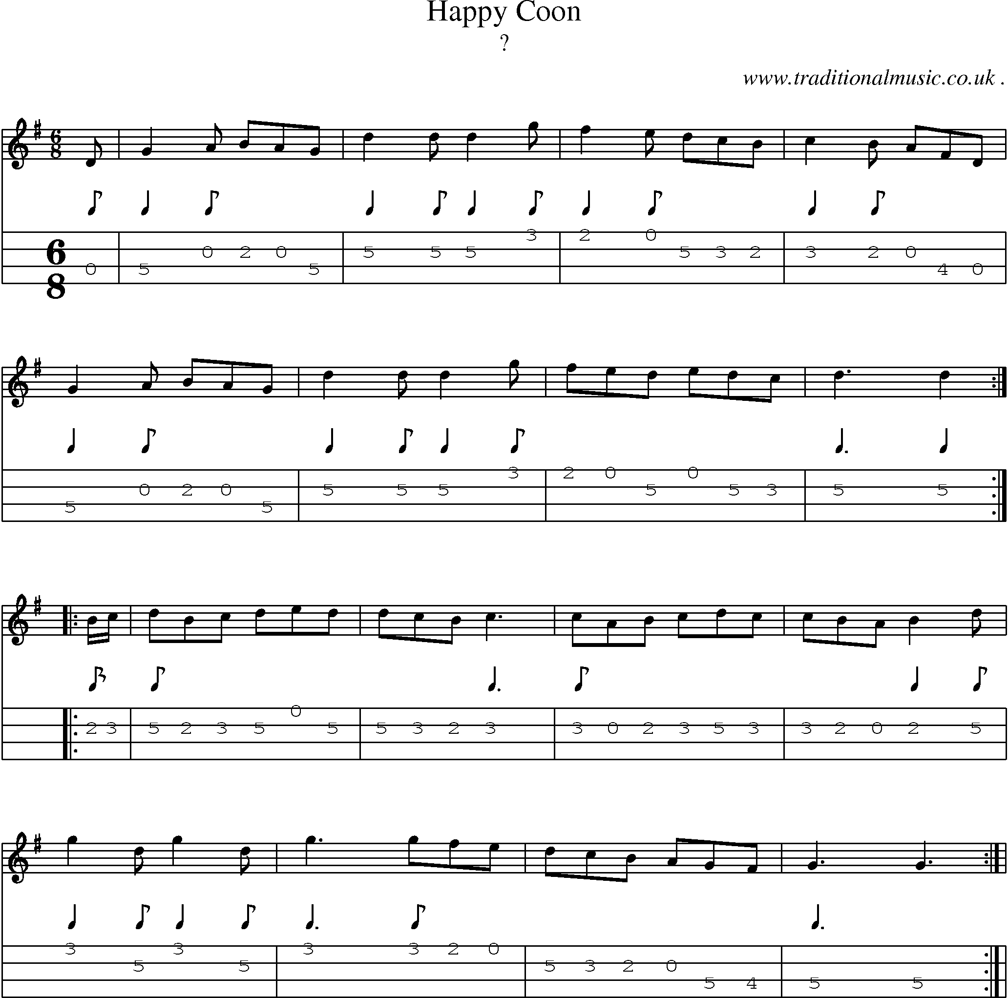 Sheet-Music and Mandolin Tabs for Happy Coon