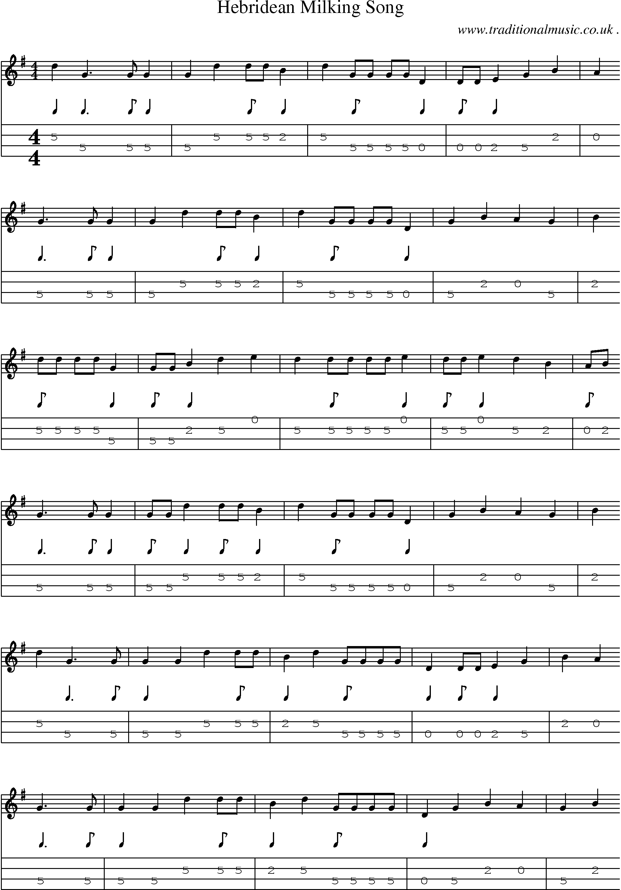 Sheet-Music and Mandolin Tabs for Hebridean Milking Song