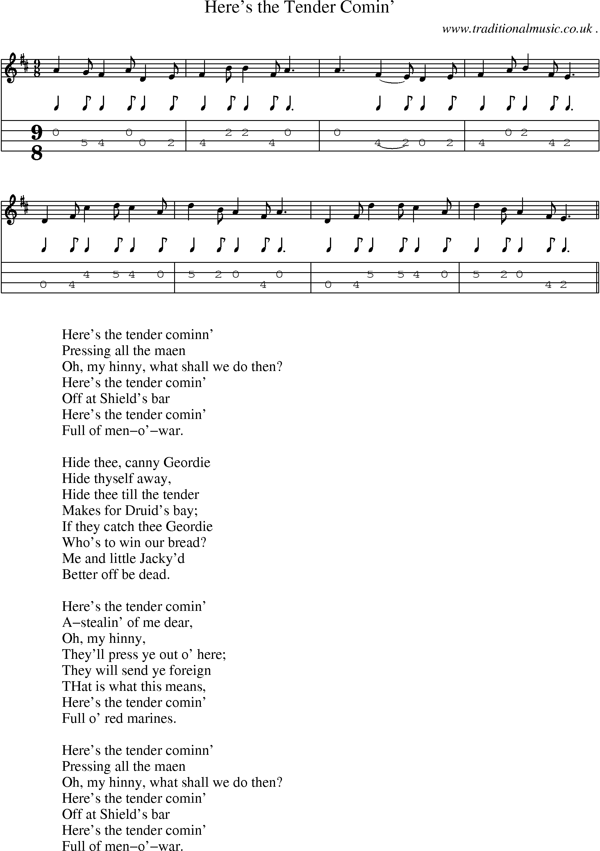 Sheet-Music and Mandolin Tabs for Heres The Tender Comin