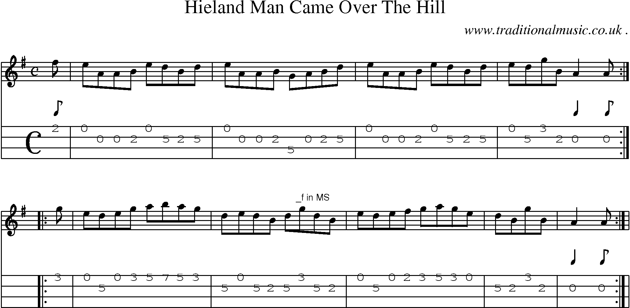 Sheet-Music and Mandolin Tabs for Hieland Man Came Over The Hill