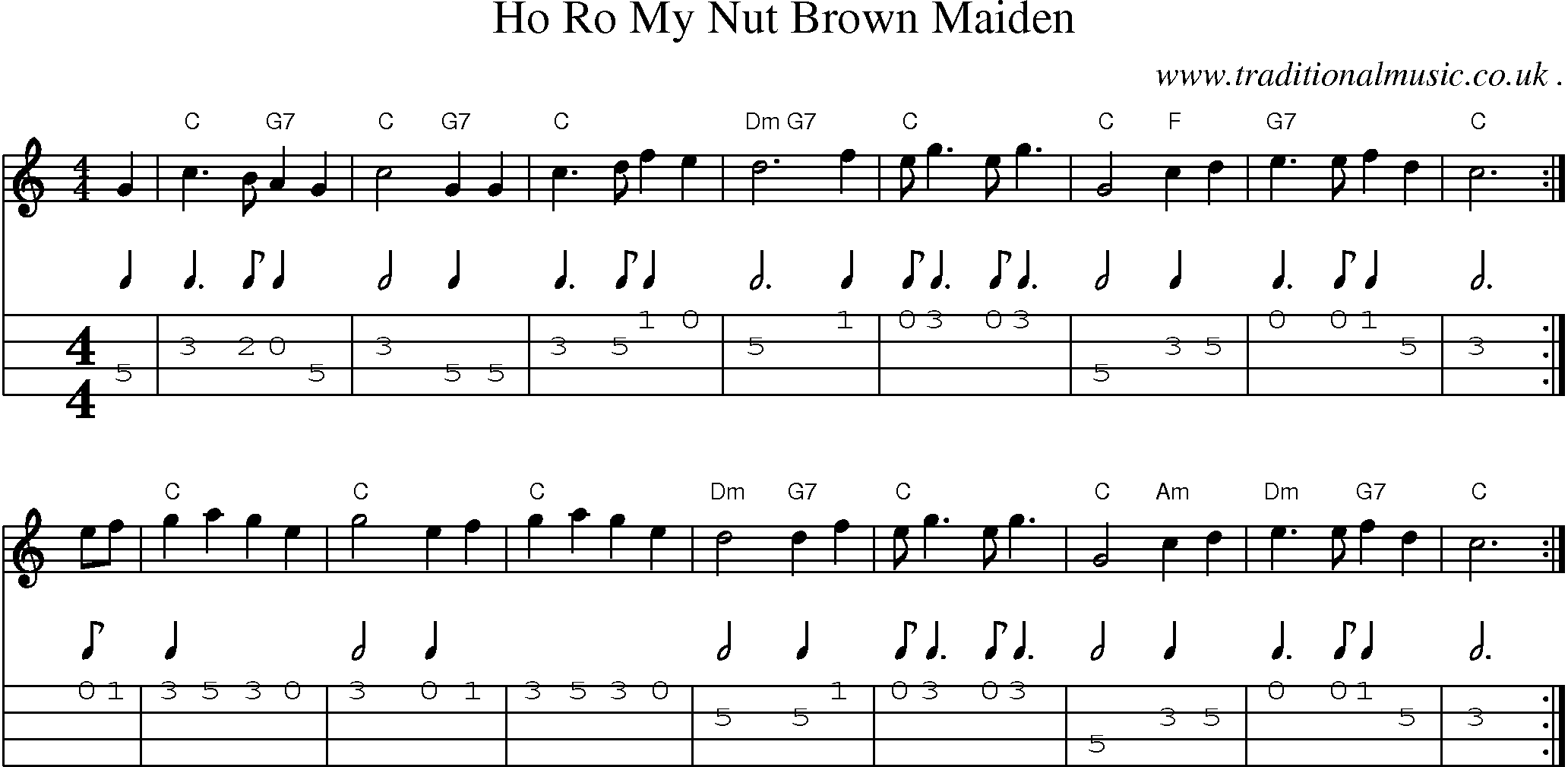Sheet-Music and Mandolin Tabs for Ho Ro My Nut Brown Maiden