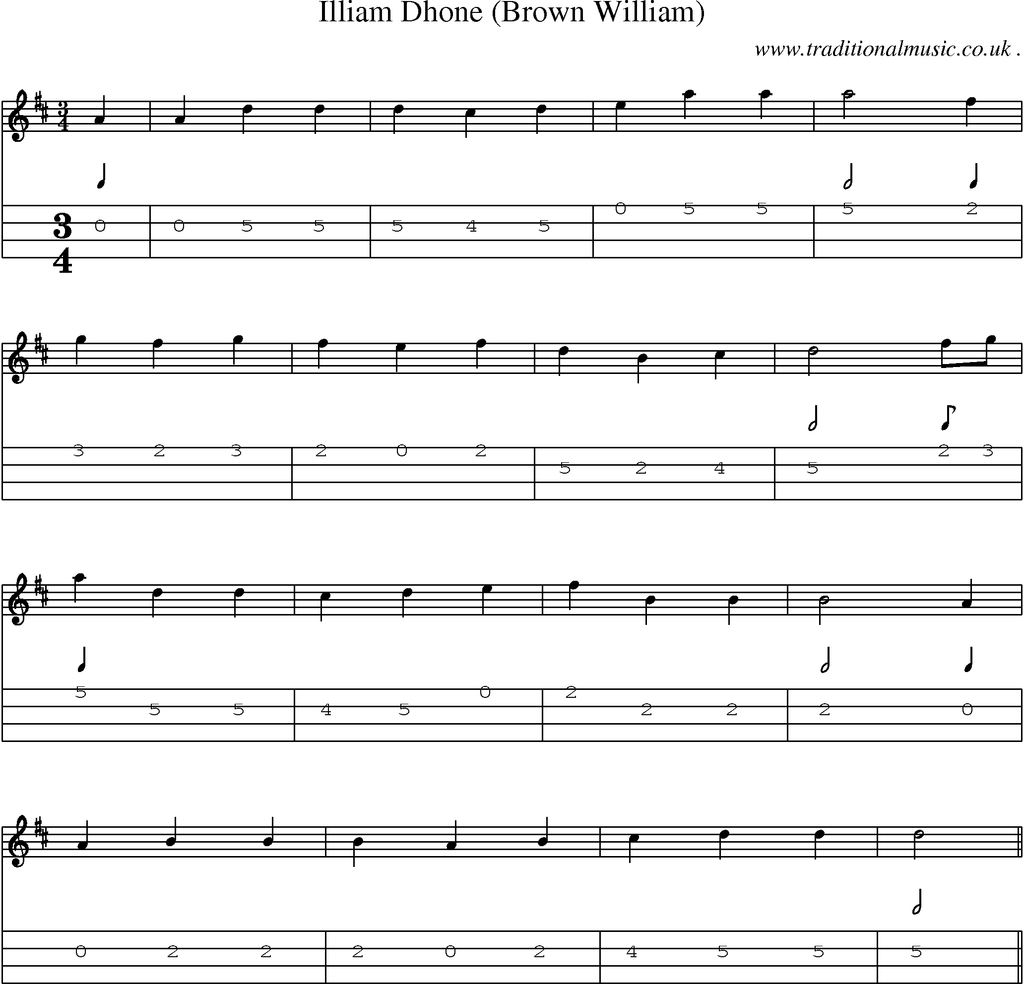 Sheet-Music and Mandolin Tabs for Illiam Dhone (brown William)