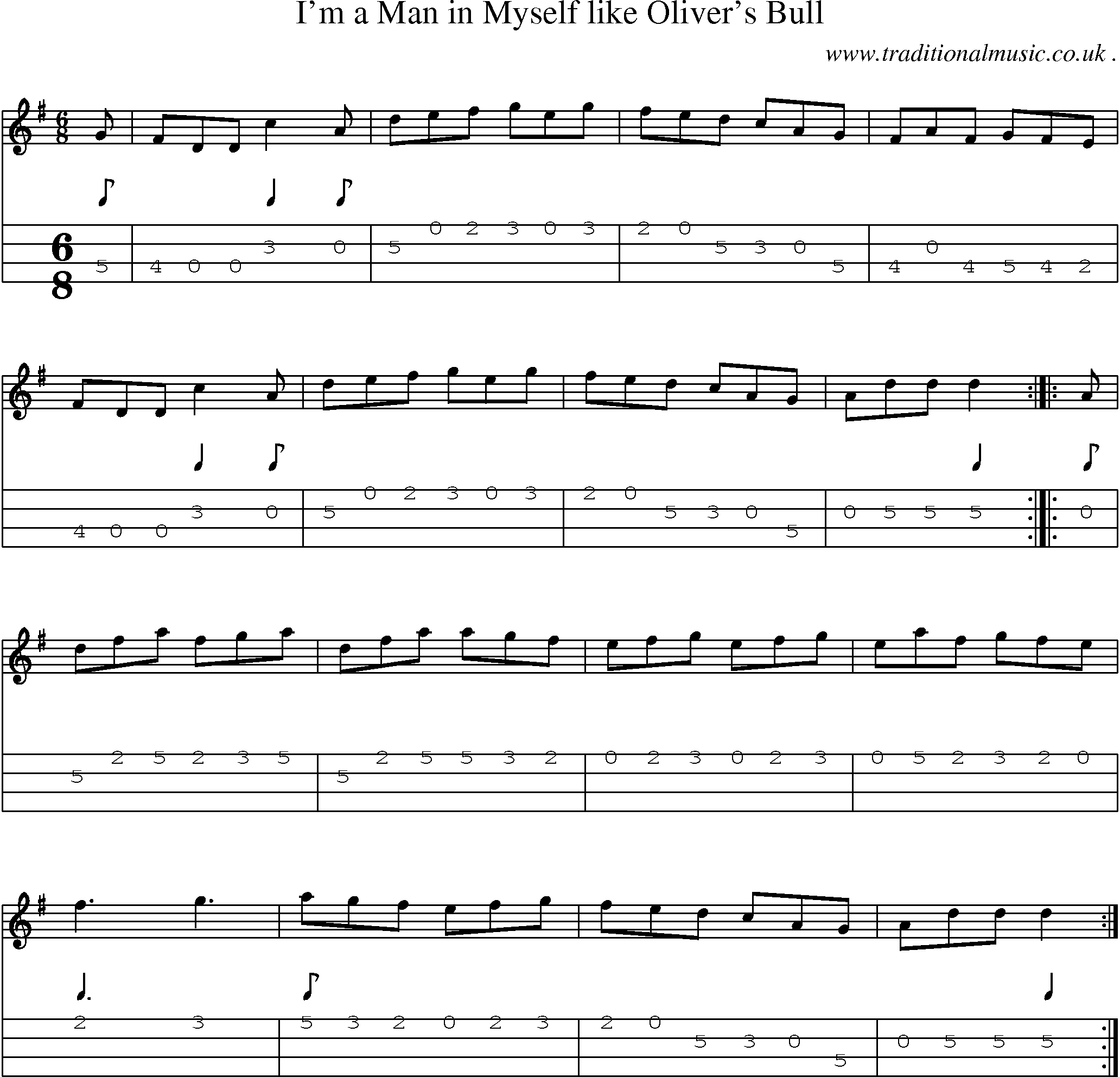 Sheet-Music and Mandolin Tabs for Im A Man In Myself Like Olivers Bull