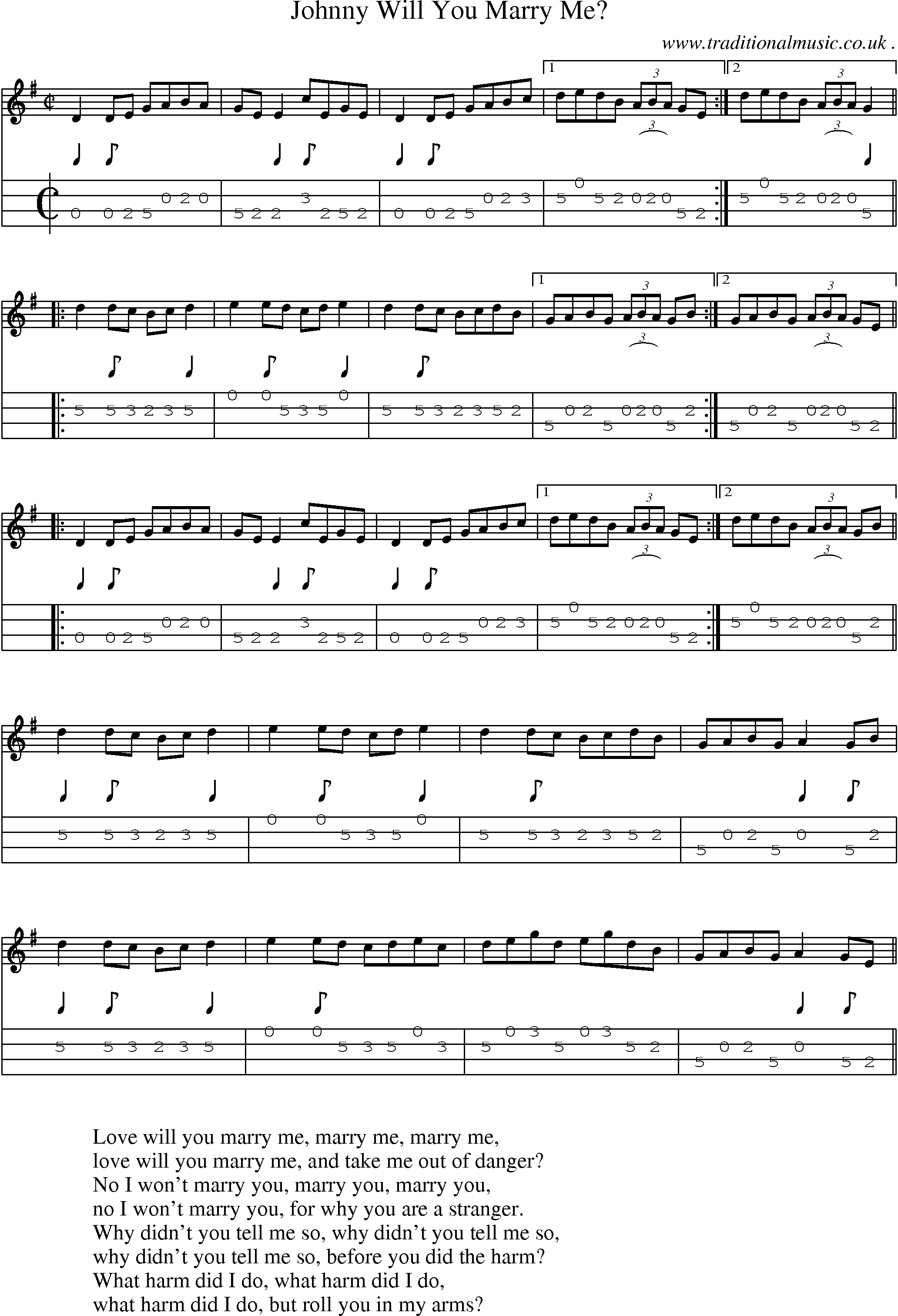 Sheet-Music and Mandolin Tabs for Johnny Will You Marry Me