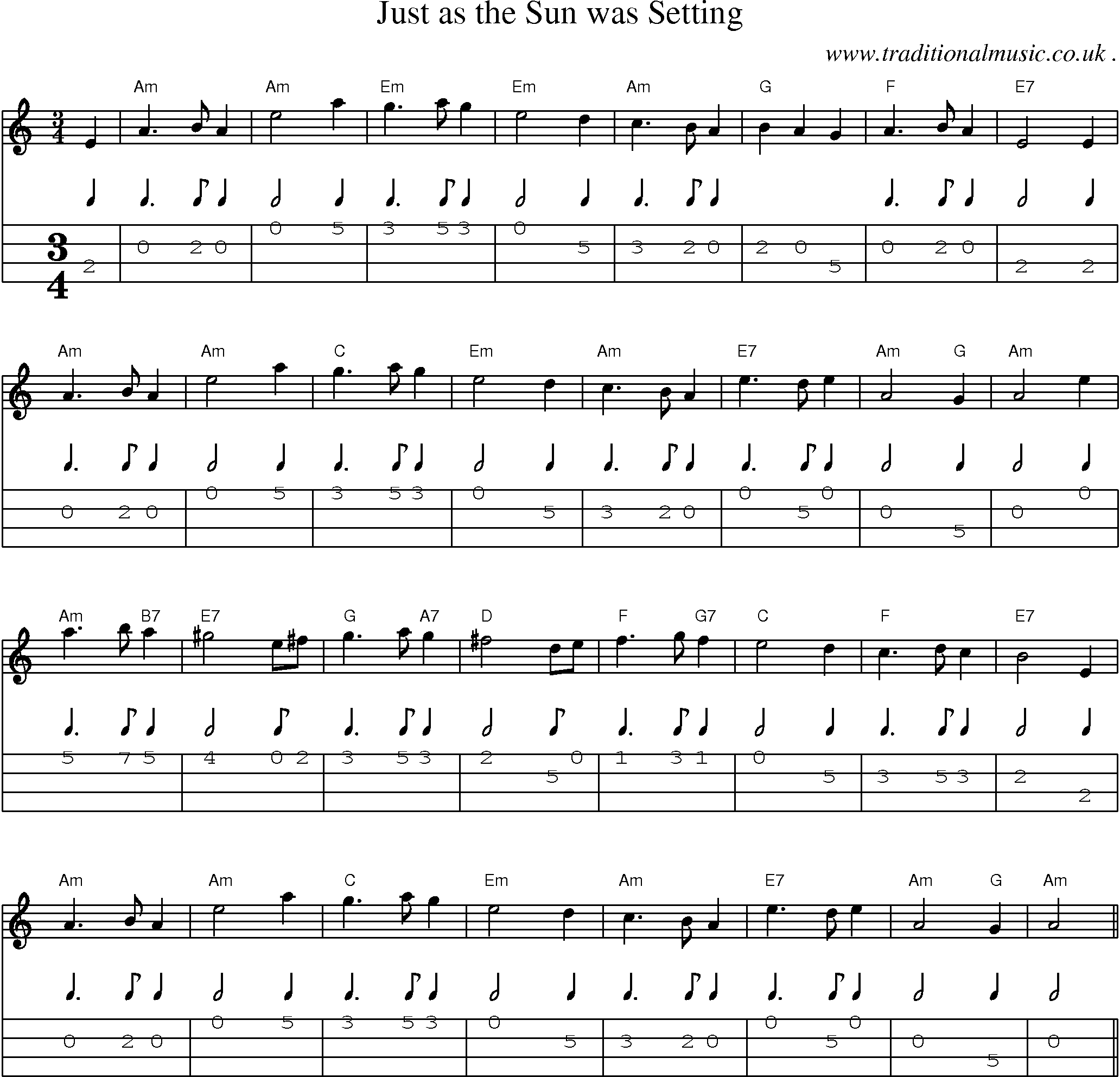 Sheet-Music and Mandolin Tabs for Just As The Sun Was Setting