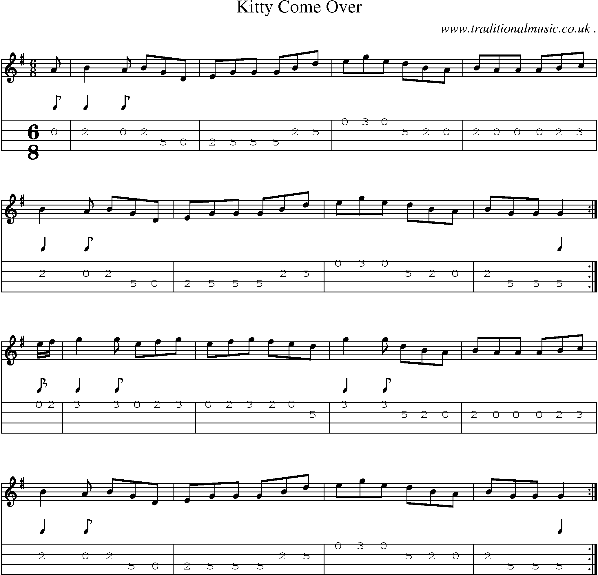 Sheet-Music and Mandolin Tabs for Kitty Come Over