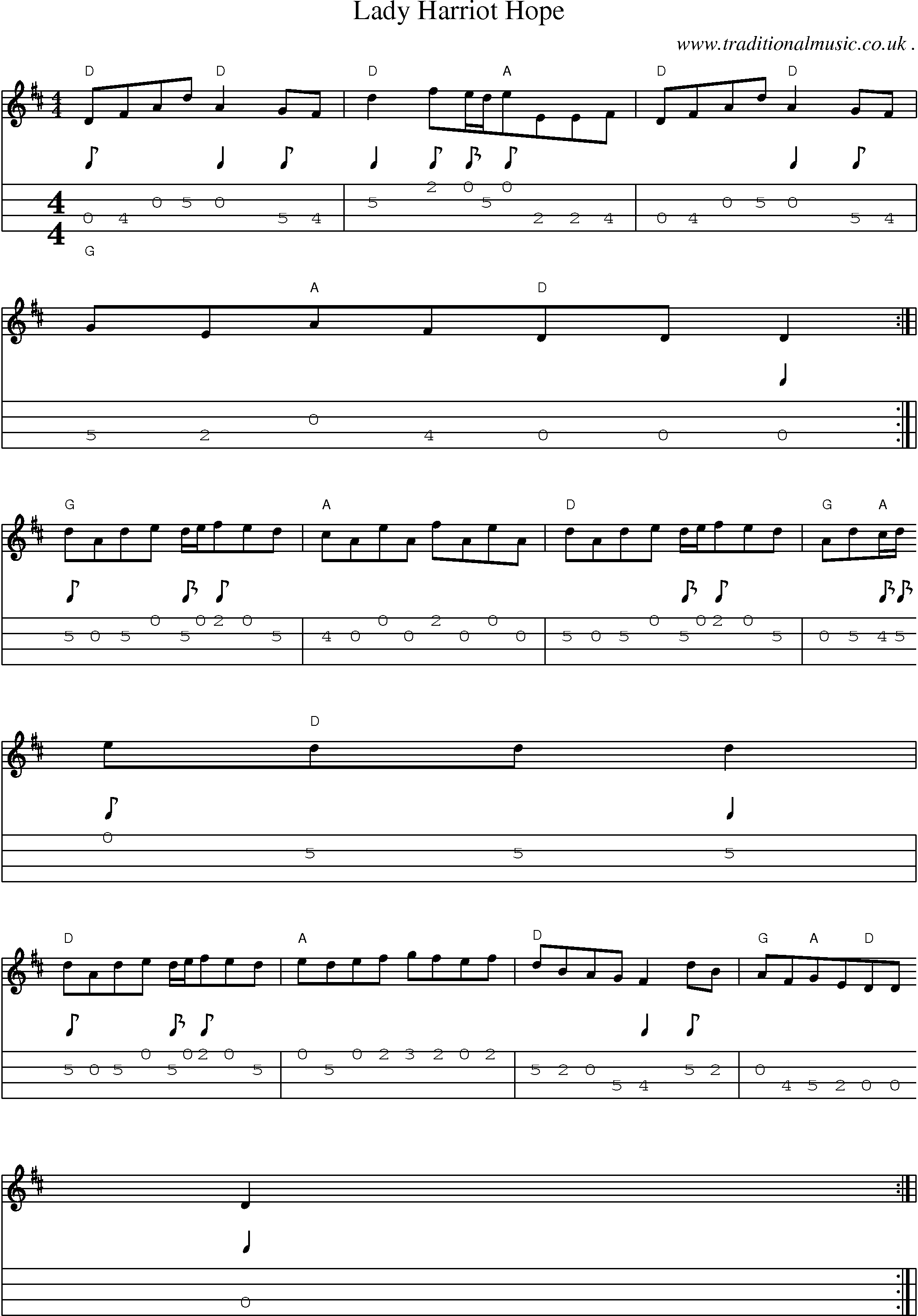 Sheet-Music and Mandolin Tabs for Lady Harriot Hope
