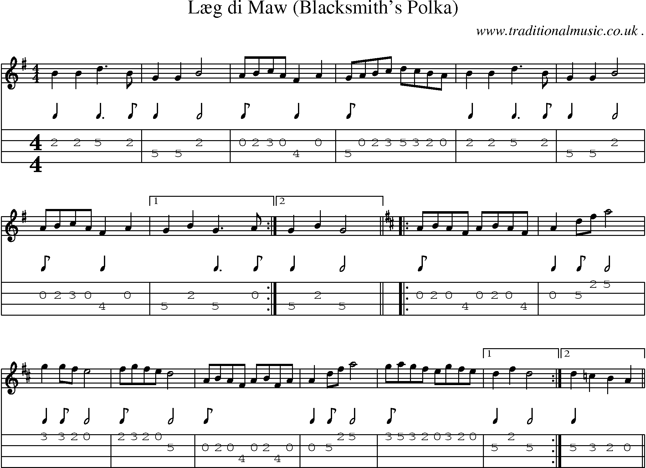 Sheet-Music and Mandolin Tabs for Laeg Di Maw (blacksmiths Polka)