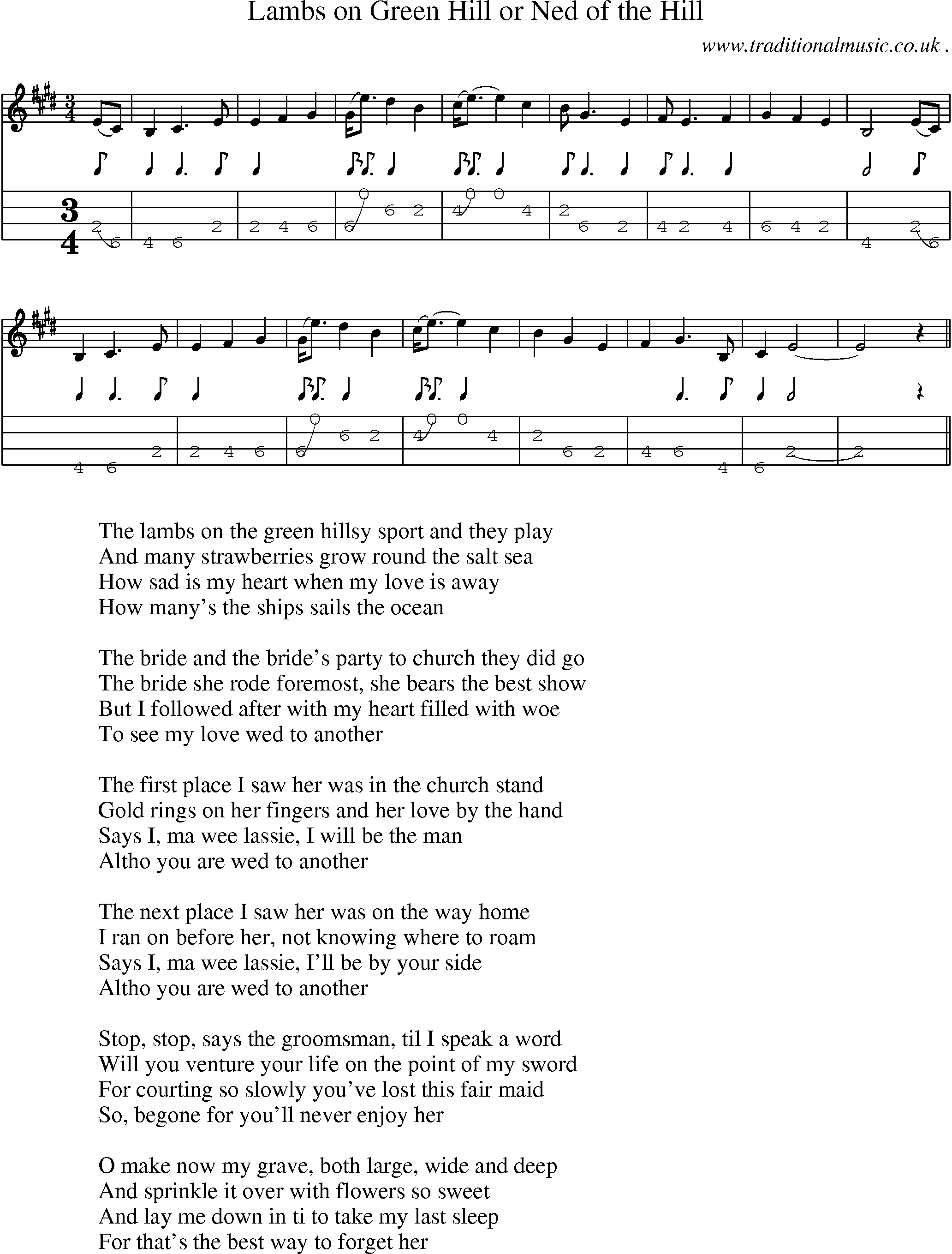 Sheet-Music and Mandolin Tabs for Lambs On Green Hill Or Ned Of The Hill