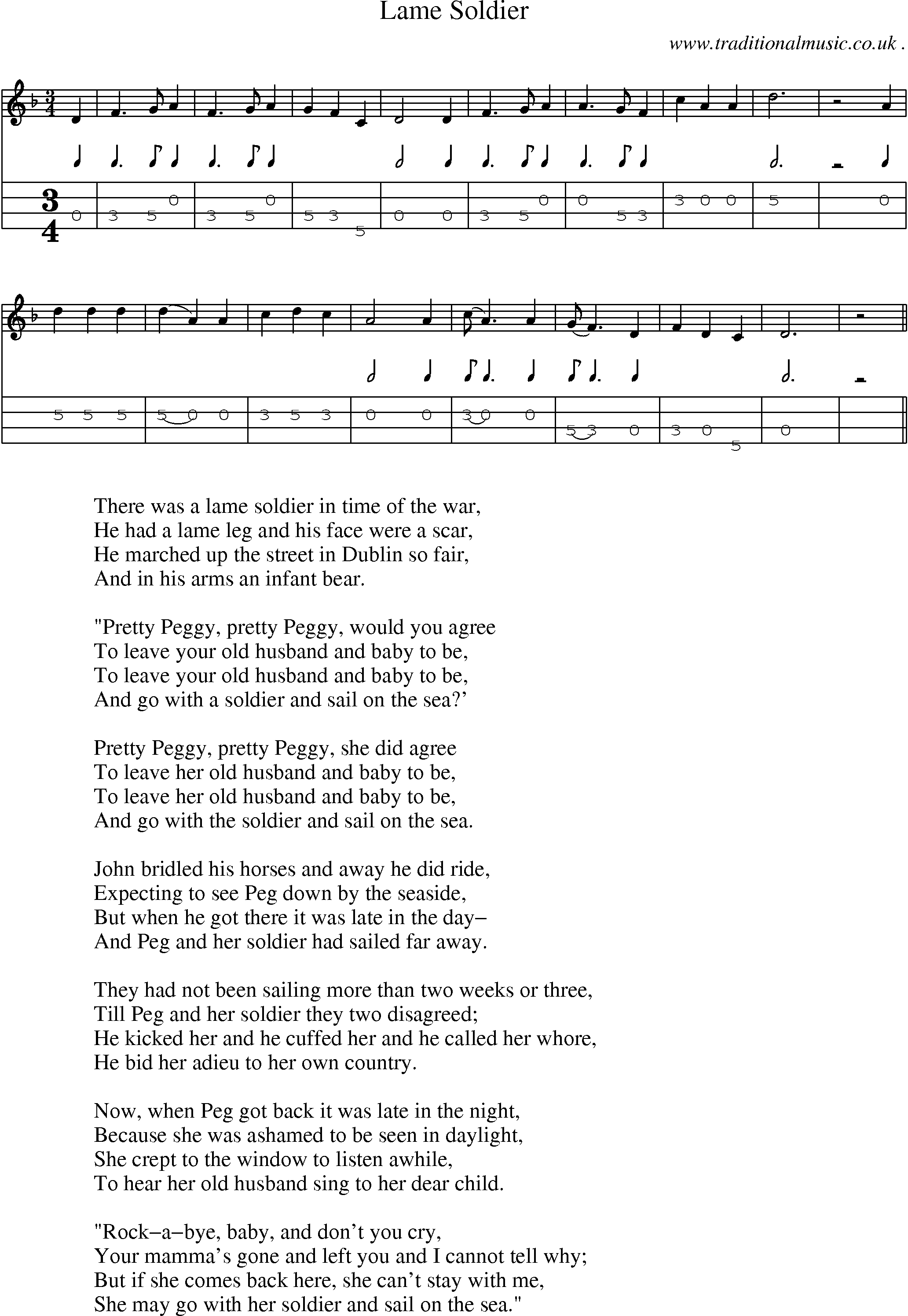 Sheet-Music and Mandolin Tabs for Lame Soldier