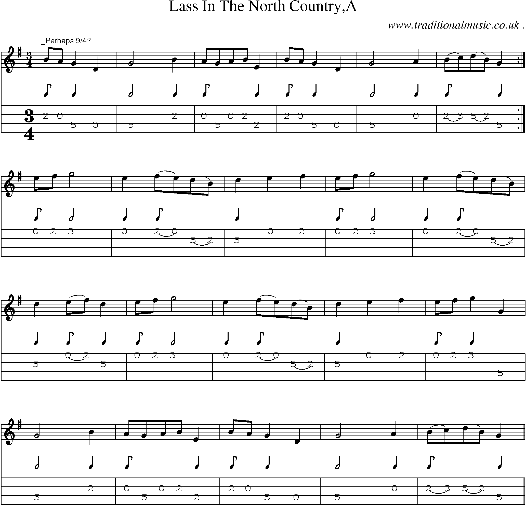 Sheet-Music and Mandolin Tabs for Lass In The North Countrya