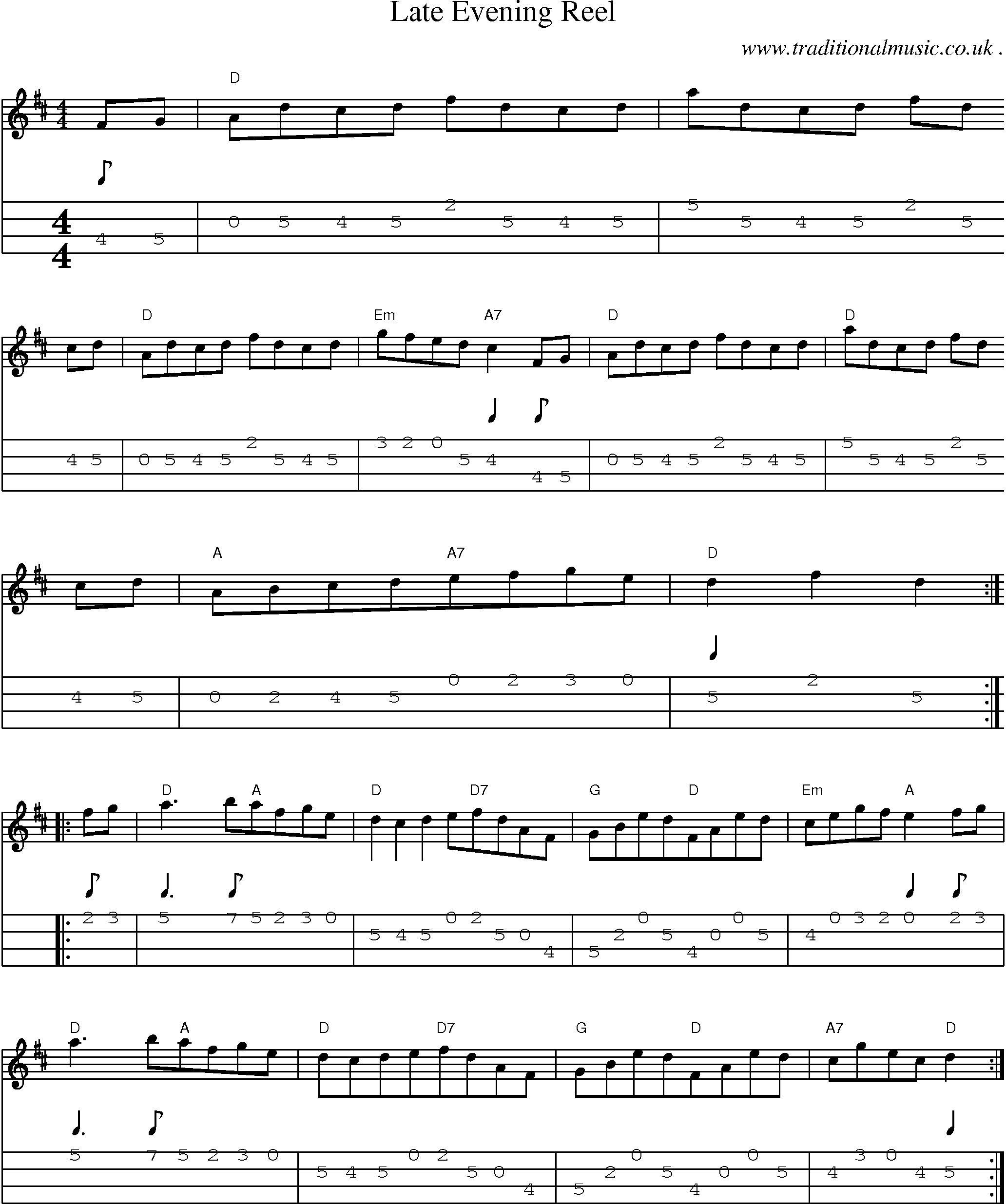 Sheet-Music and Mandolin Tabs for Late Evening Reel