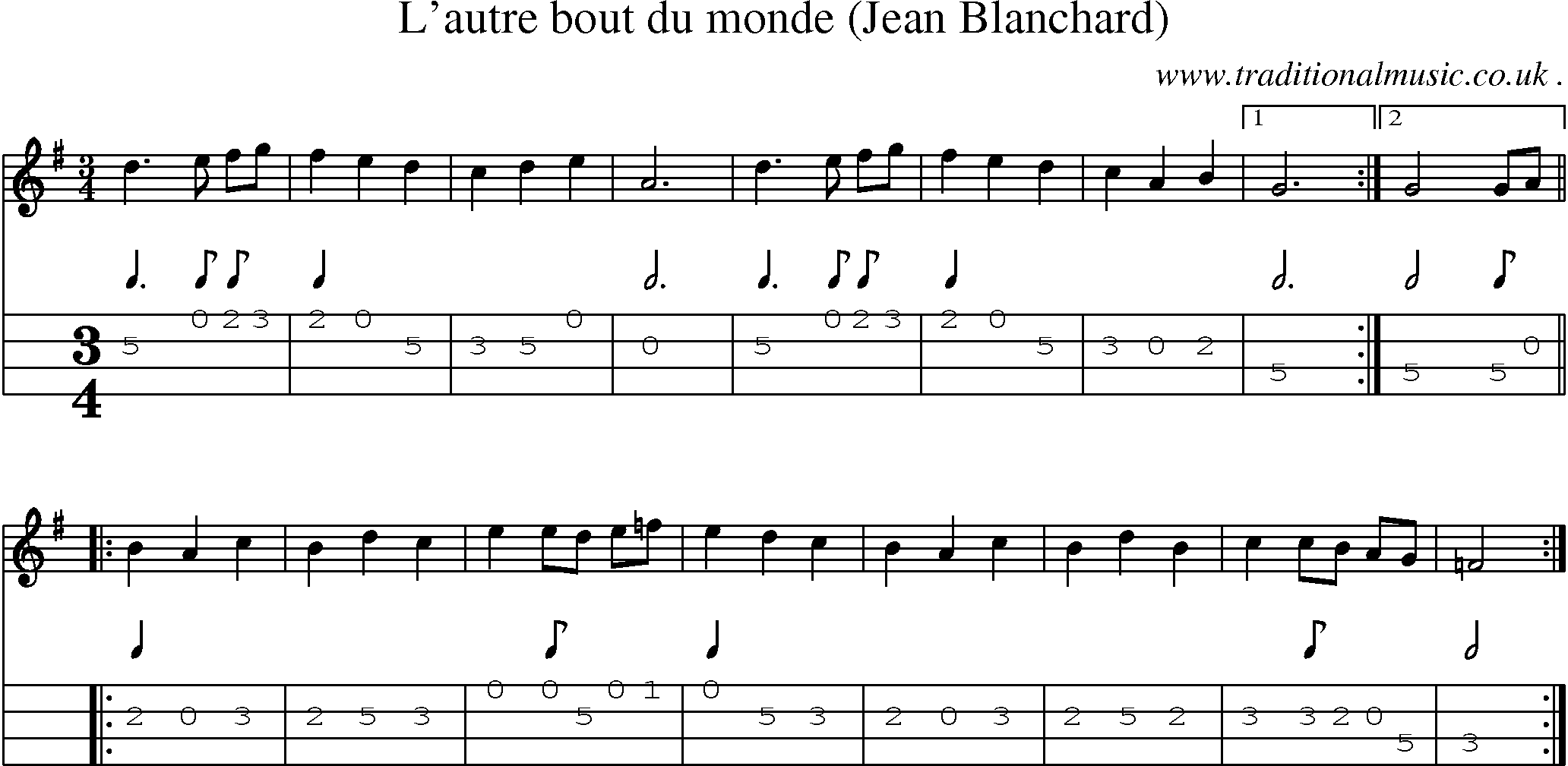 Sheet-Music and Mandolin Tabs for Lautre Bout Du Monde (jean Blanchard)