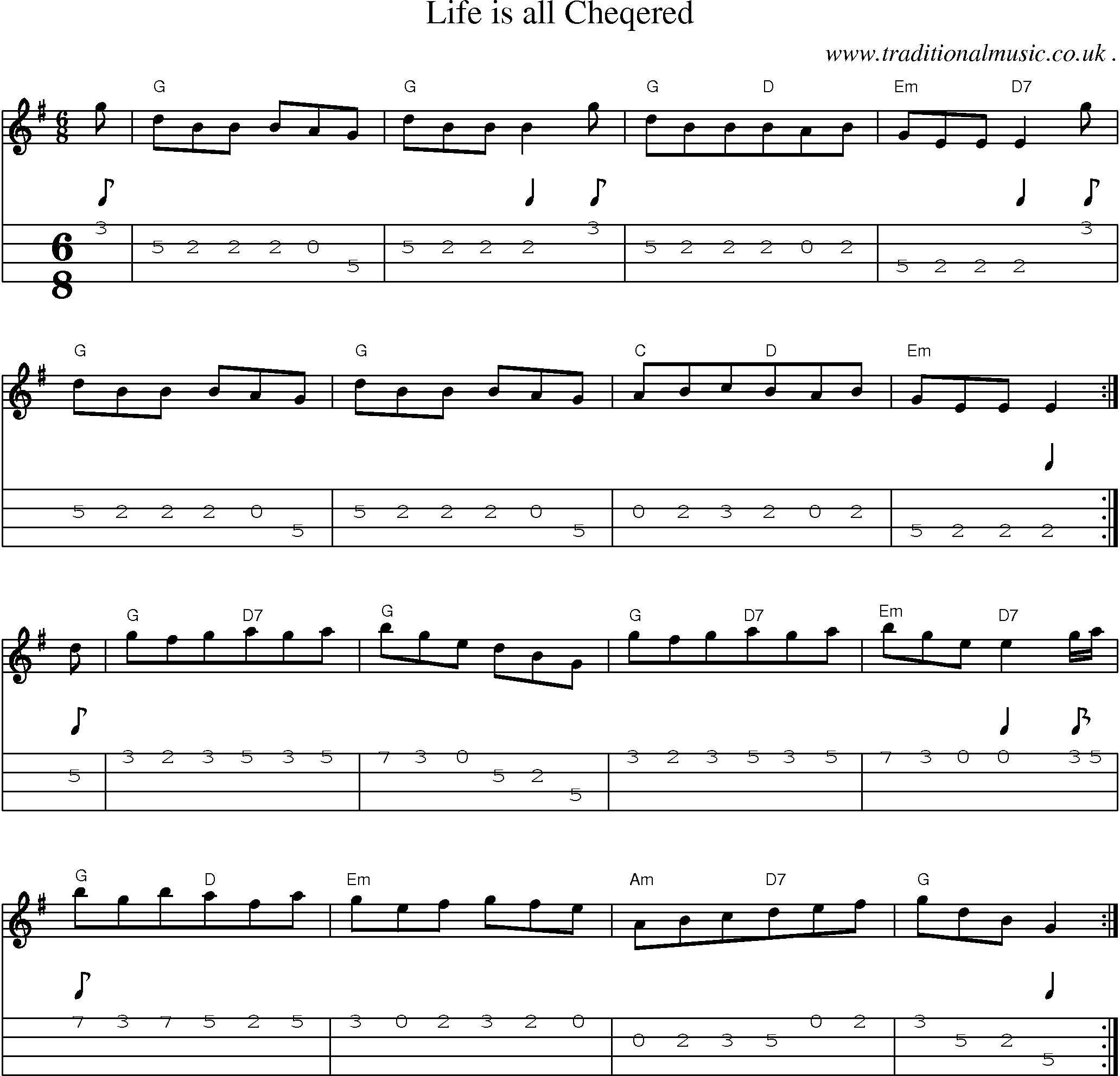 Sheet-Music and Mandolin Tabs for Life Is All Cheqered