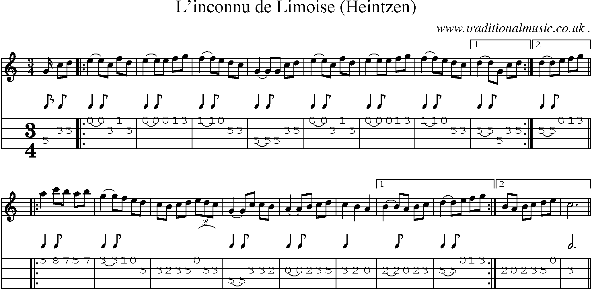 Sheet-Music and Mandolin Tabs for Linconnu De Limoise (heintzen)