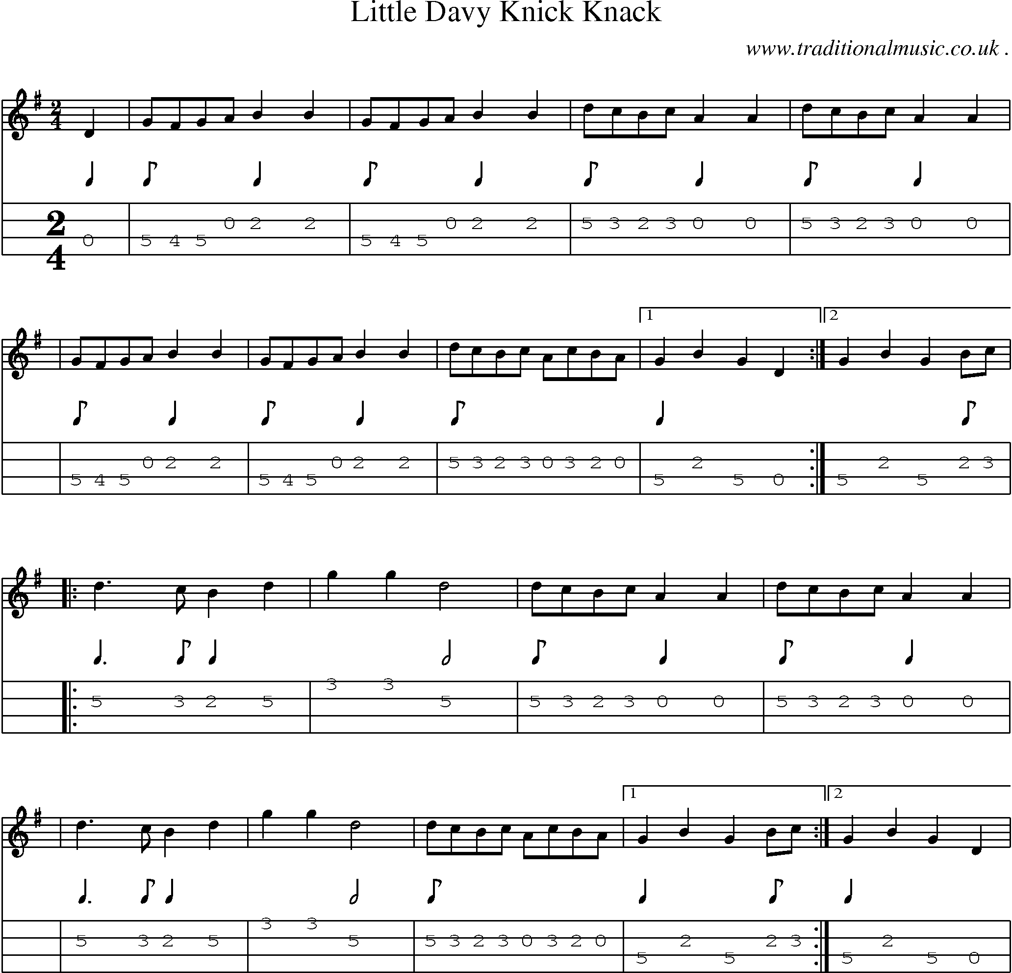 Sheet-Music and Mandolin Tabs for Little Davy Knick Knack