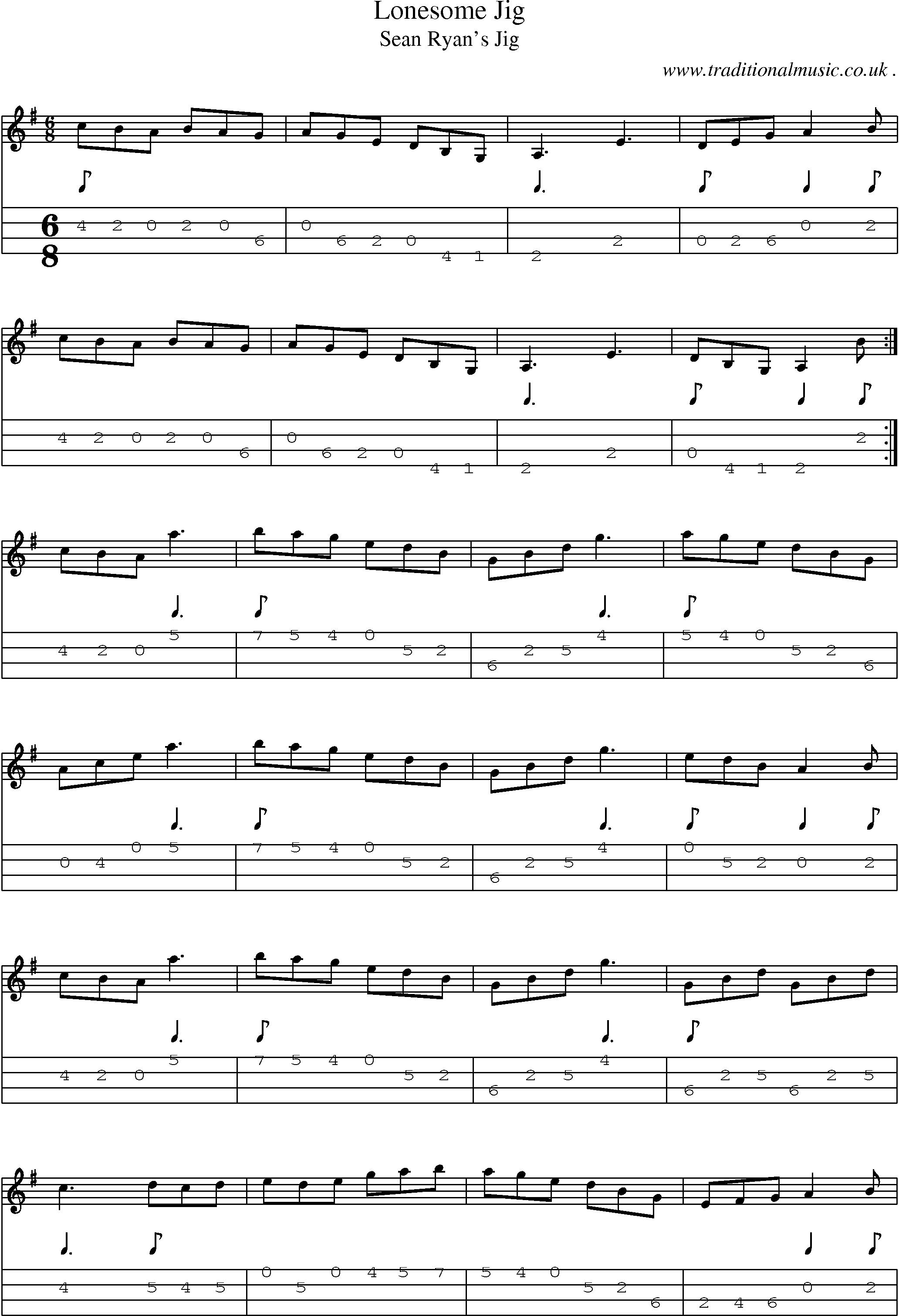 Sheet-Music and Mandolin Tabs for Lonesome Jig