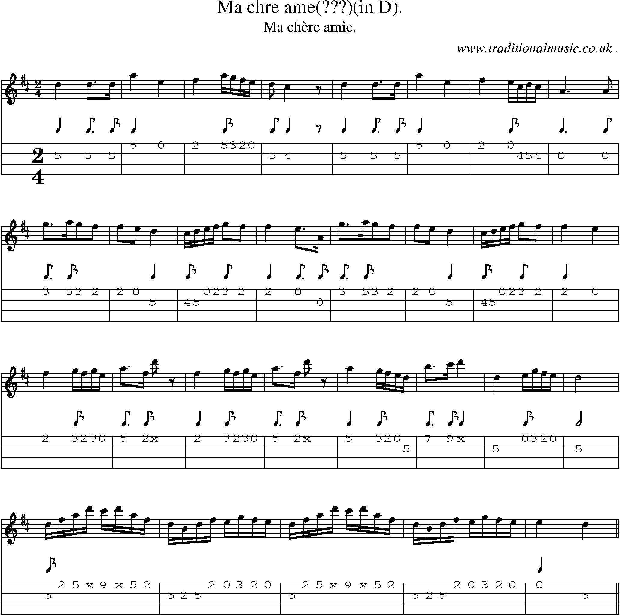 Sheet-Music and Mandolin Tabs for Ma Chre Ame(in D)