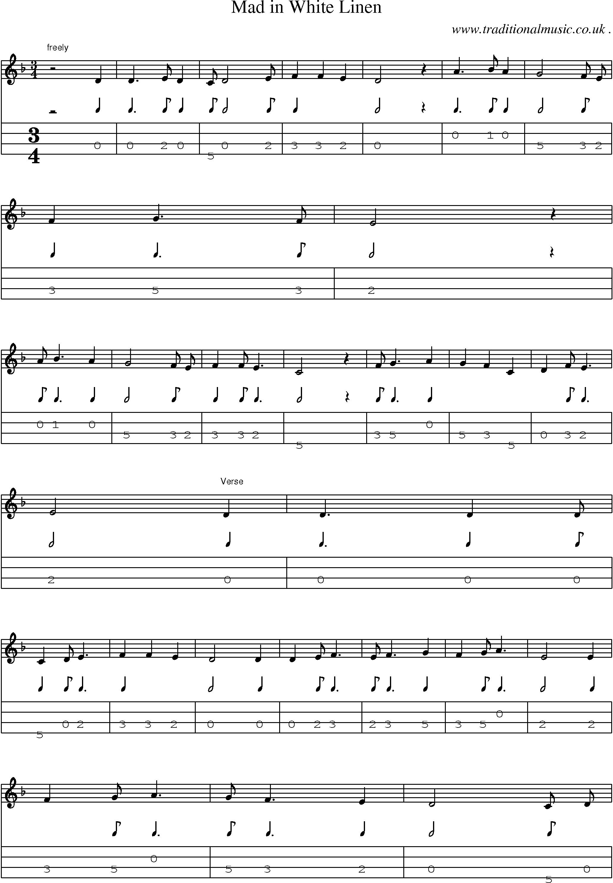 Sheet-Music and Mandolin Tabs for Mad In White Linen