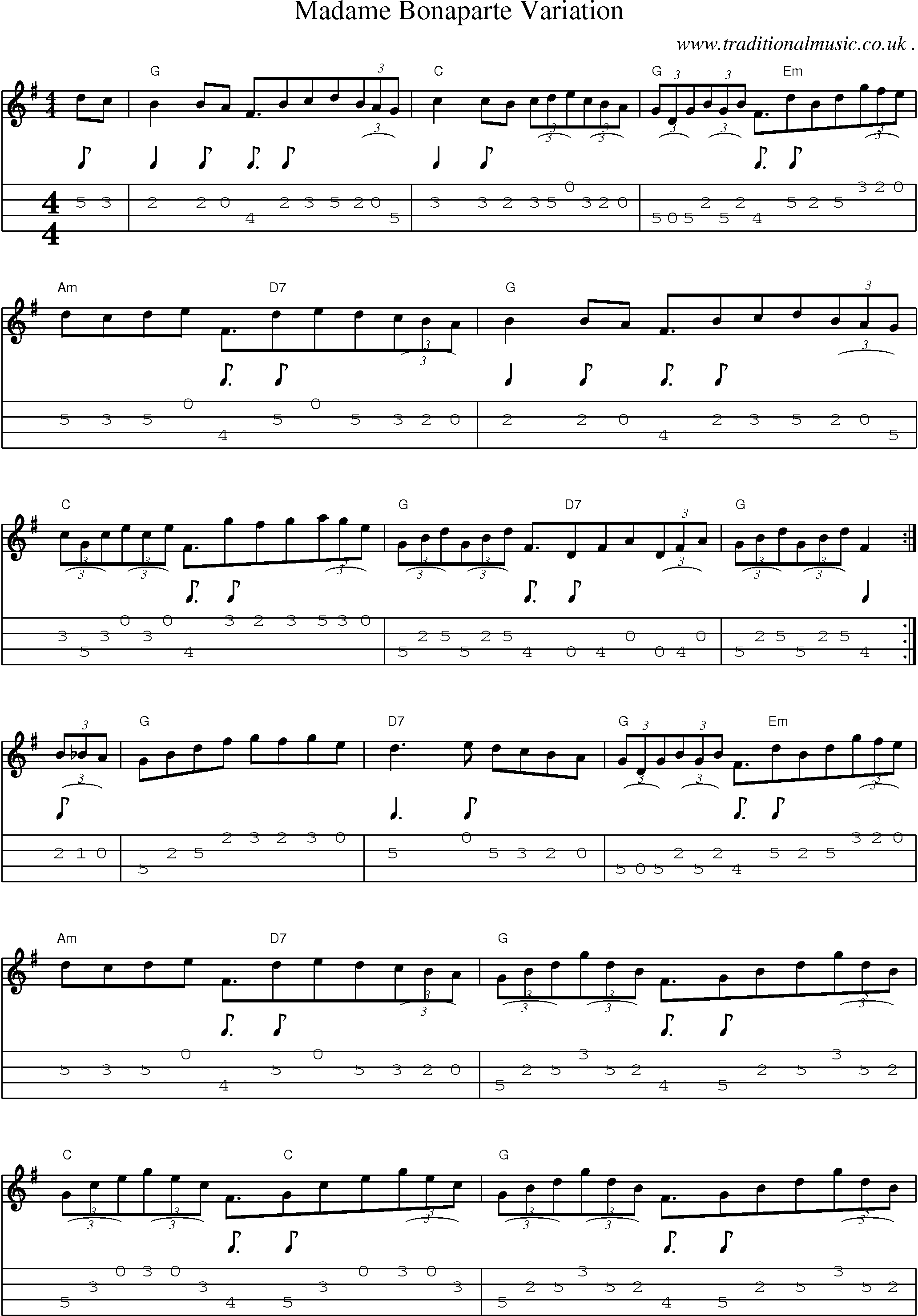 Sheet-Music and Mandolin Tabs for Madame Bonaparte Variation