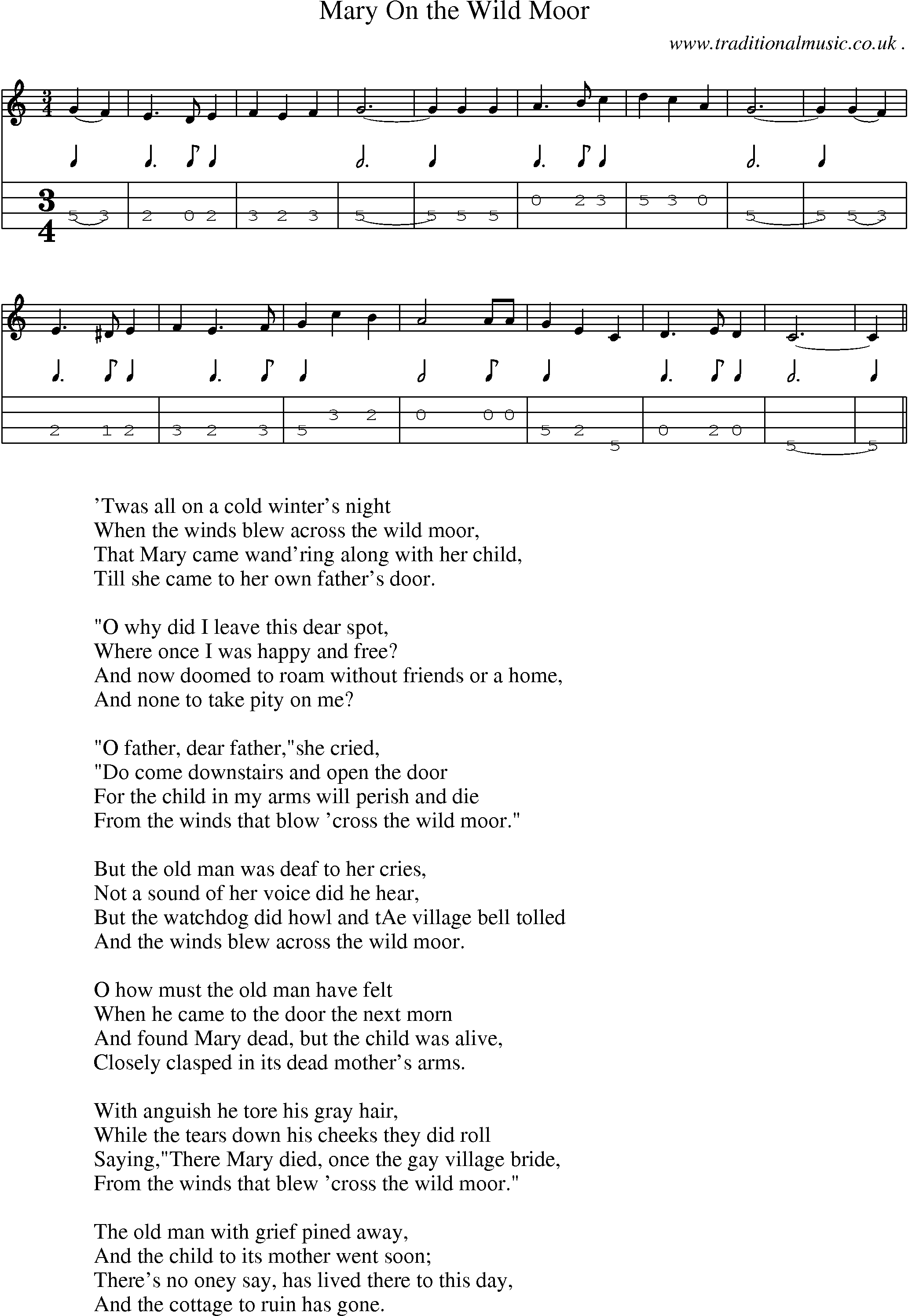 Sheet-Music and Mandolin Tabs for Mary On The Wild Moor