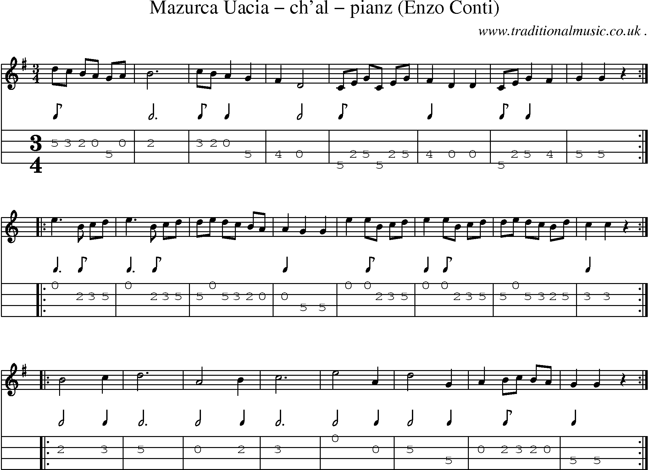 Sheet-Music and Mandolin Tabs for Mazurca Uacia Chal Pianz (enzo Conti)