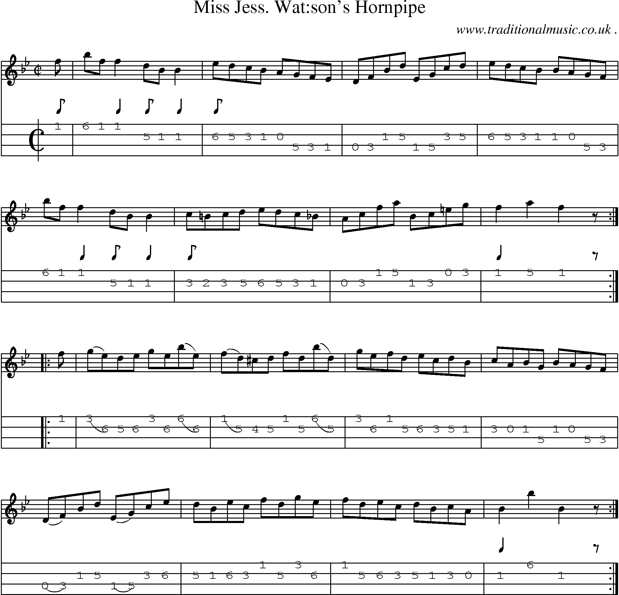 Sheet-Music and Mandolin Tabs for Miss Jess Watsons Hornpipe