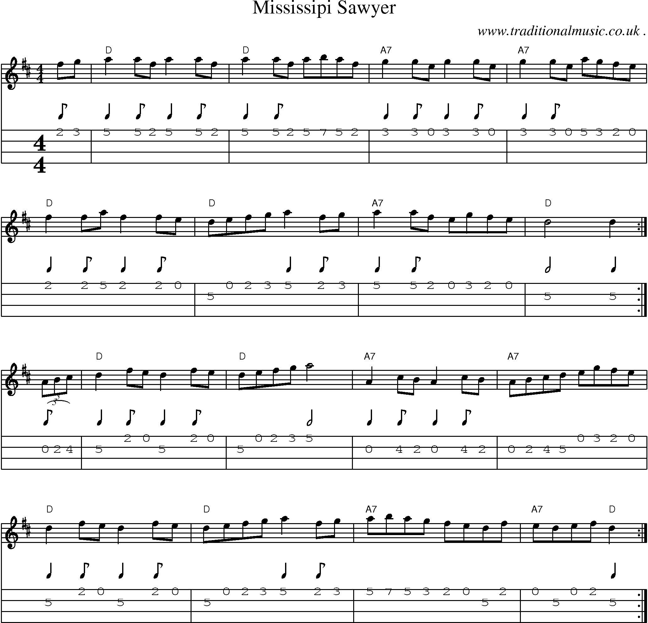 Sheet-Music and Mandolin Tabs for Mississipi Sawyer