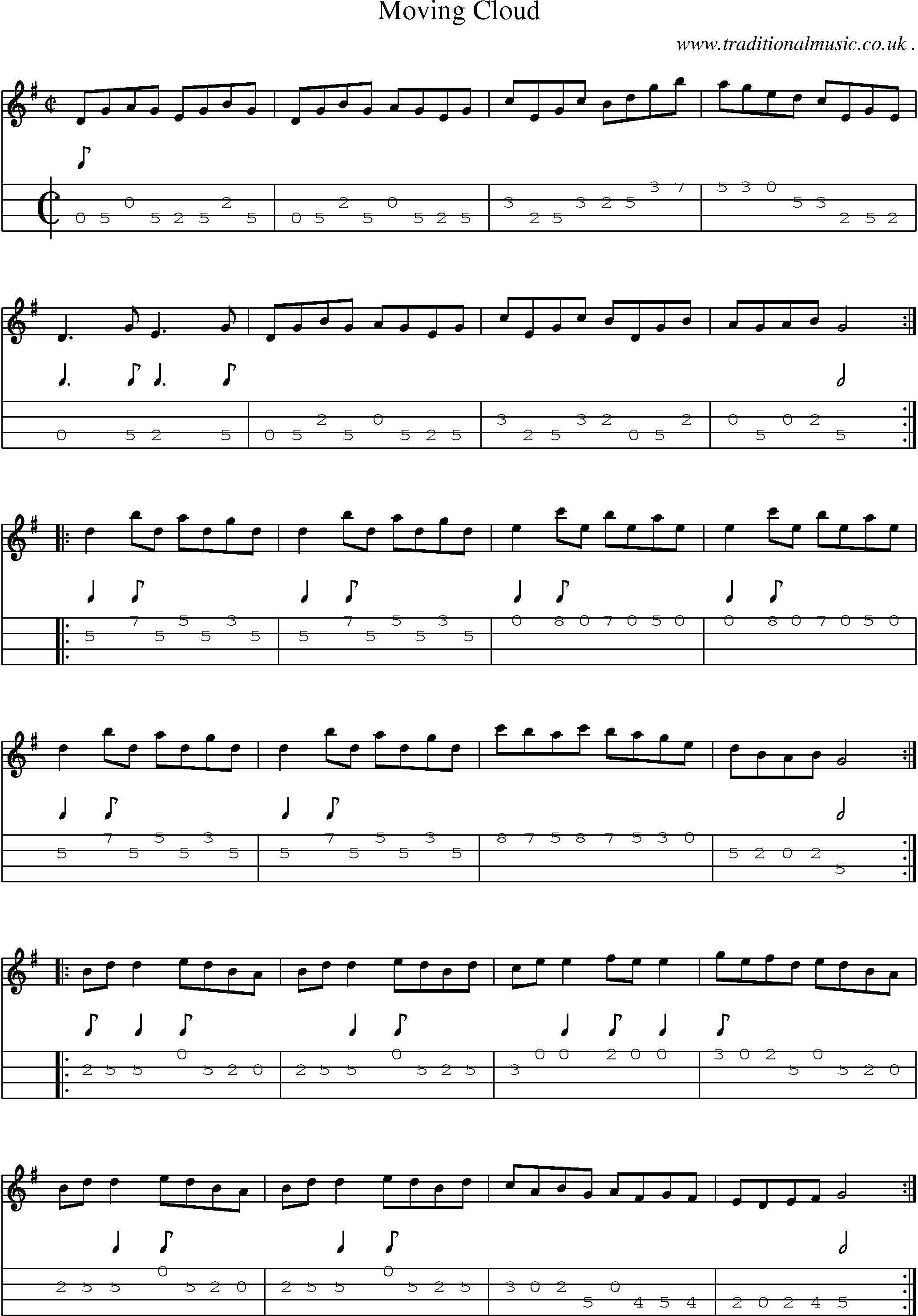 Sheet-Music and Mandolin Tabs for Moving Cloud