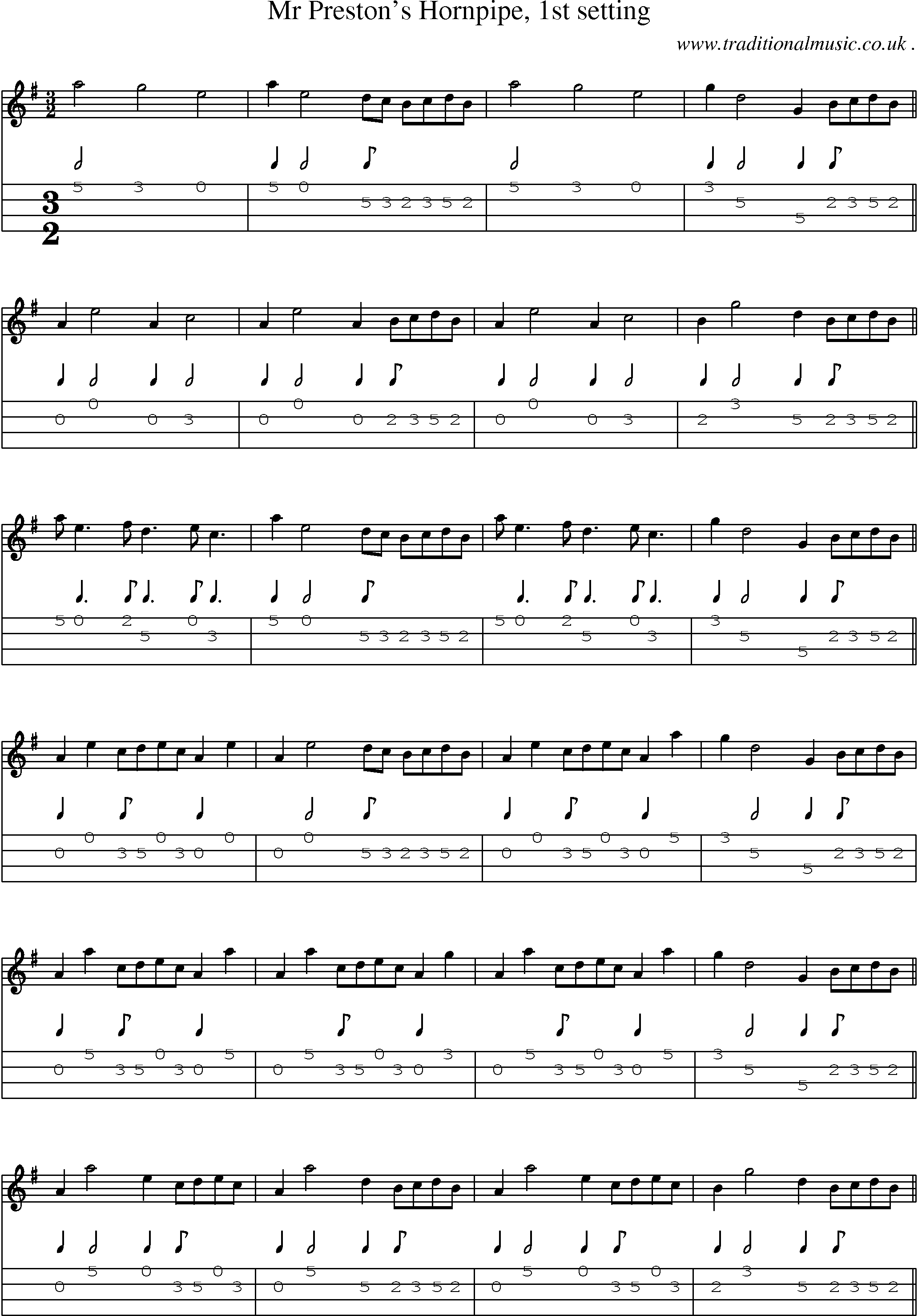 Sheet-Music and Mandolin Tabs for Mr Prestons Hornpipe 1st Setting