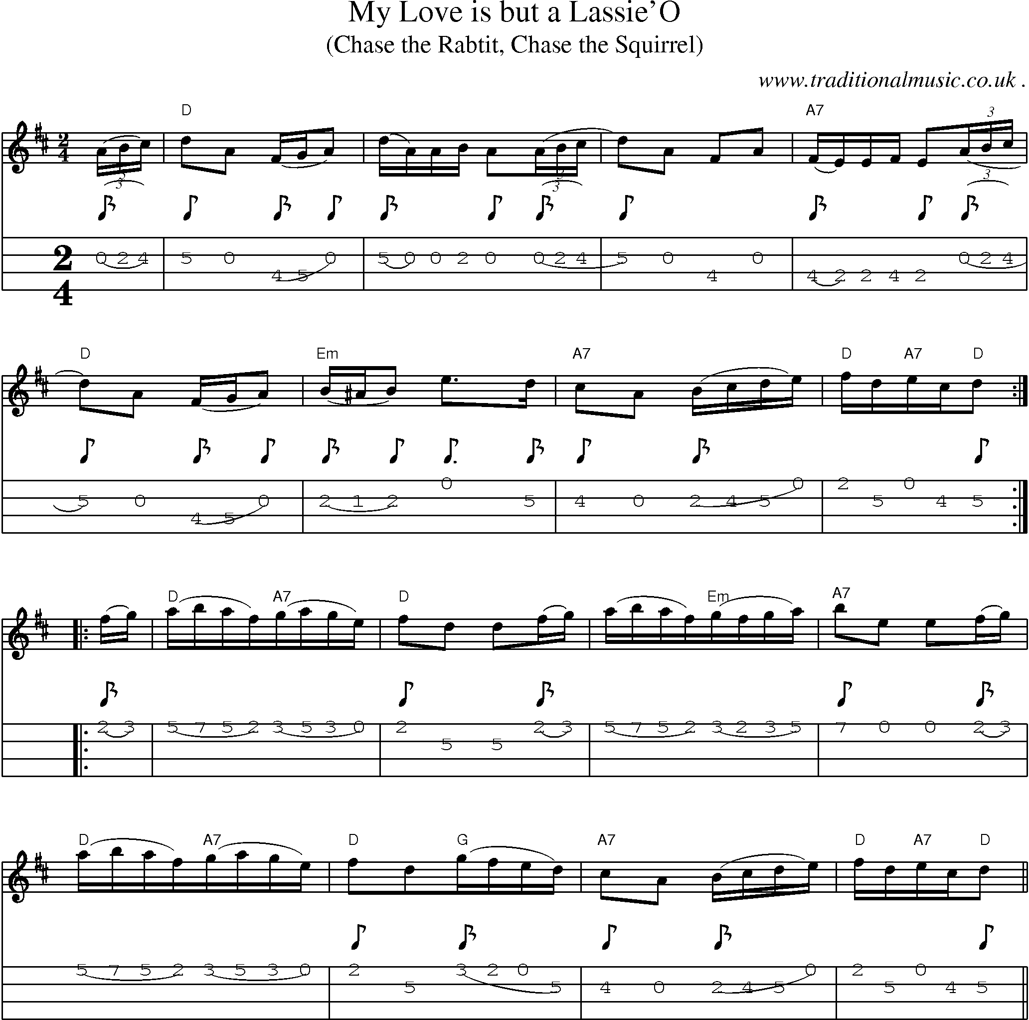 Sheet-Music and Mandolin Tabs for My Love Is But A Lassieo