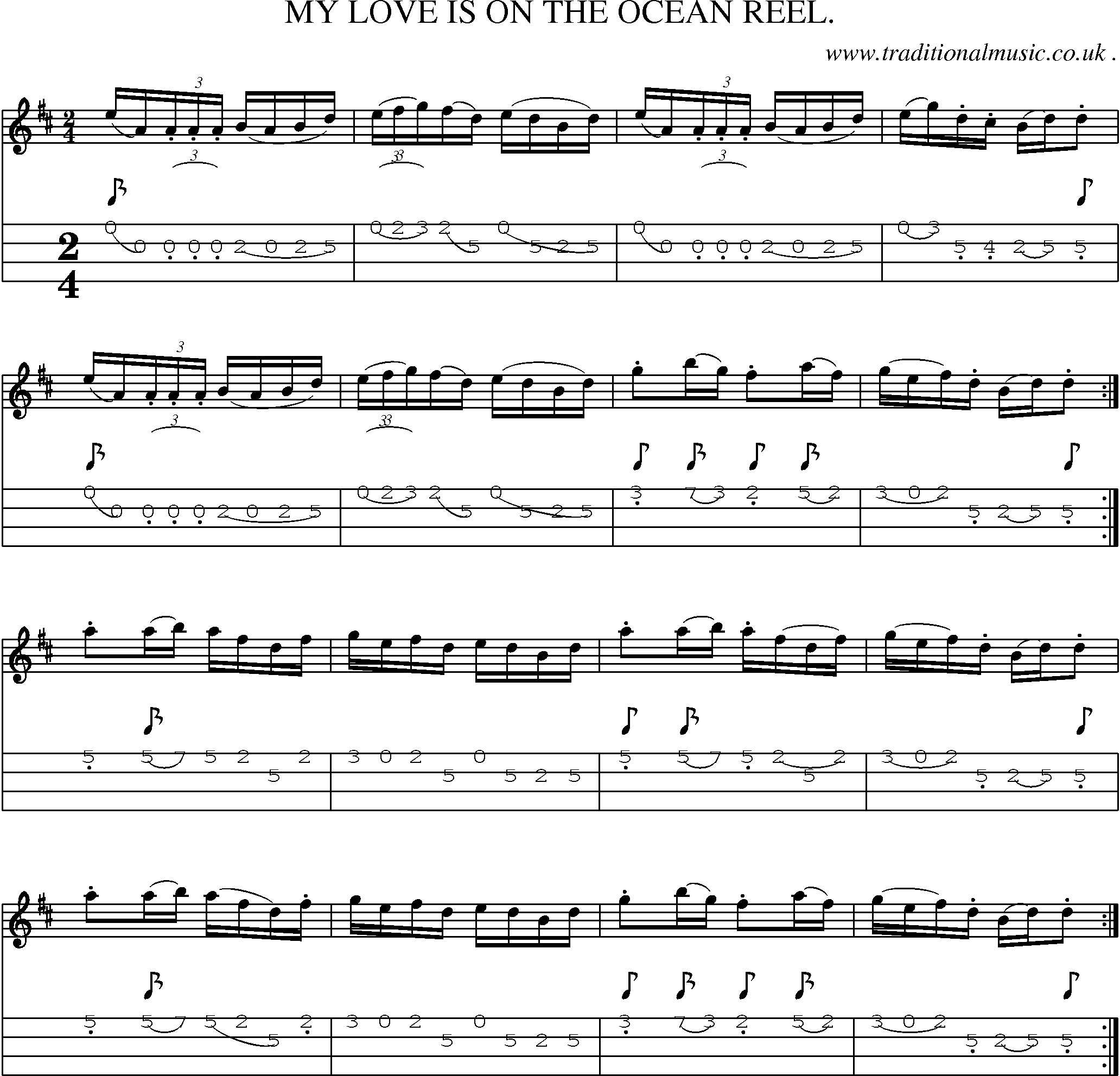 Sheet-Music and Mandolin Tabs for My Love Is On The Ocean Reel