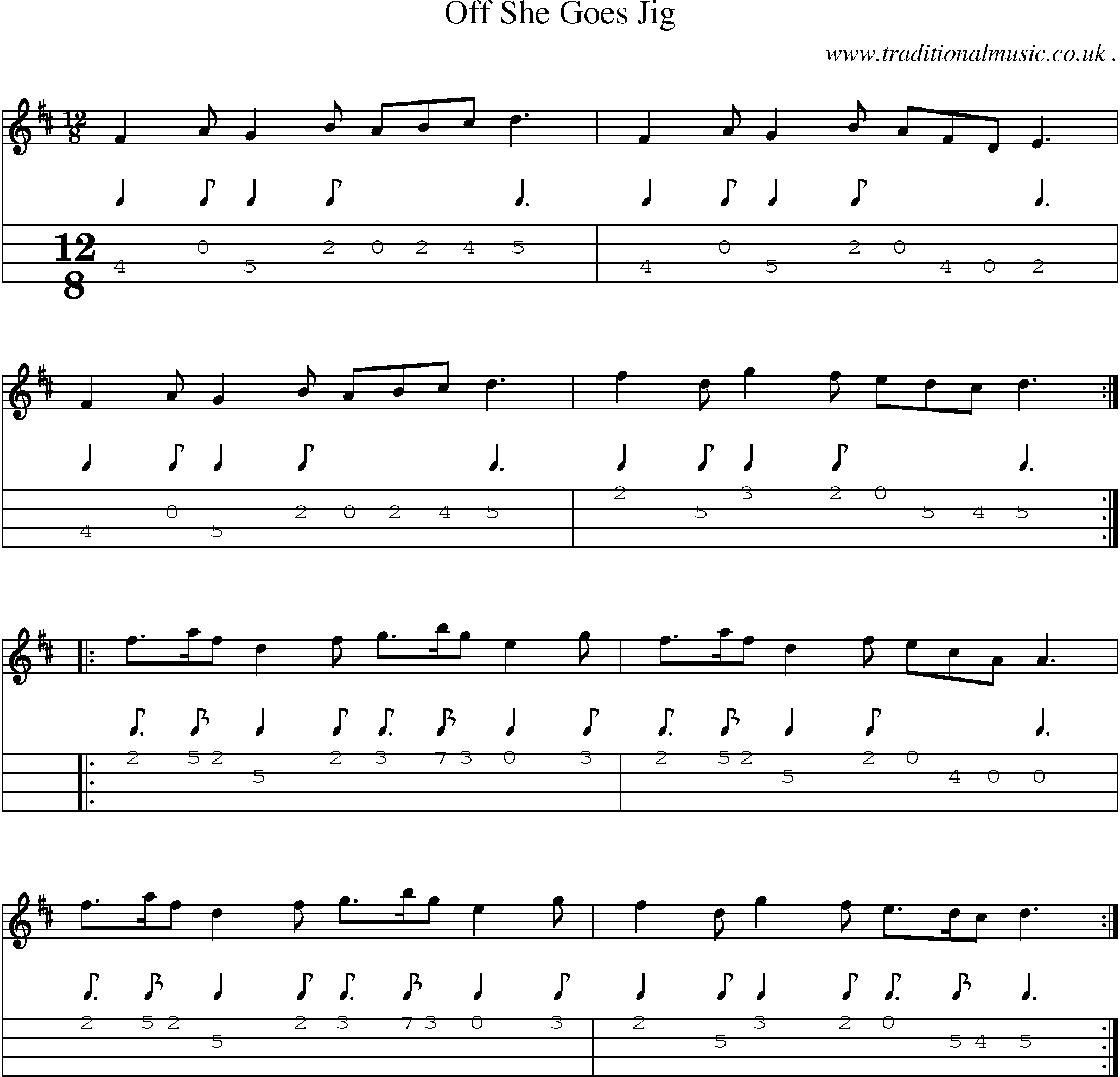 Sheet-Music and Mandolin Tabs for Off She Goes Jig
