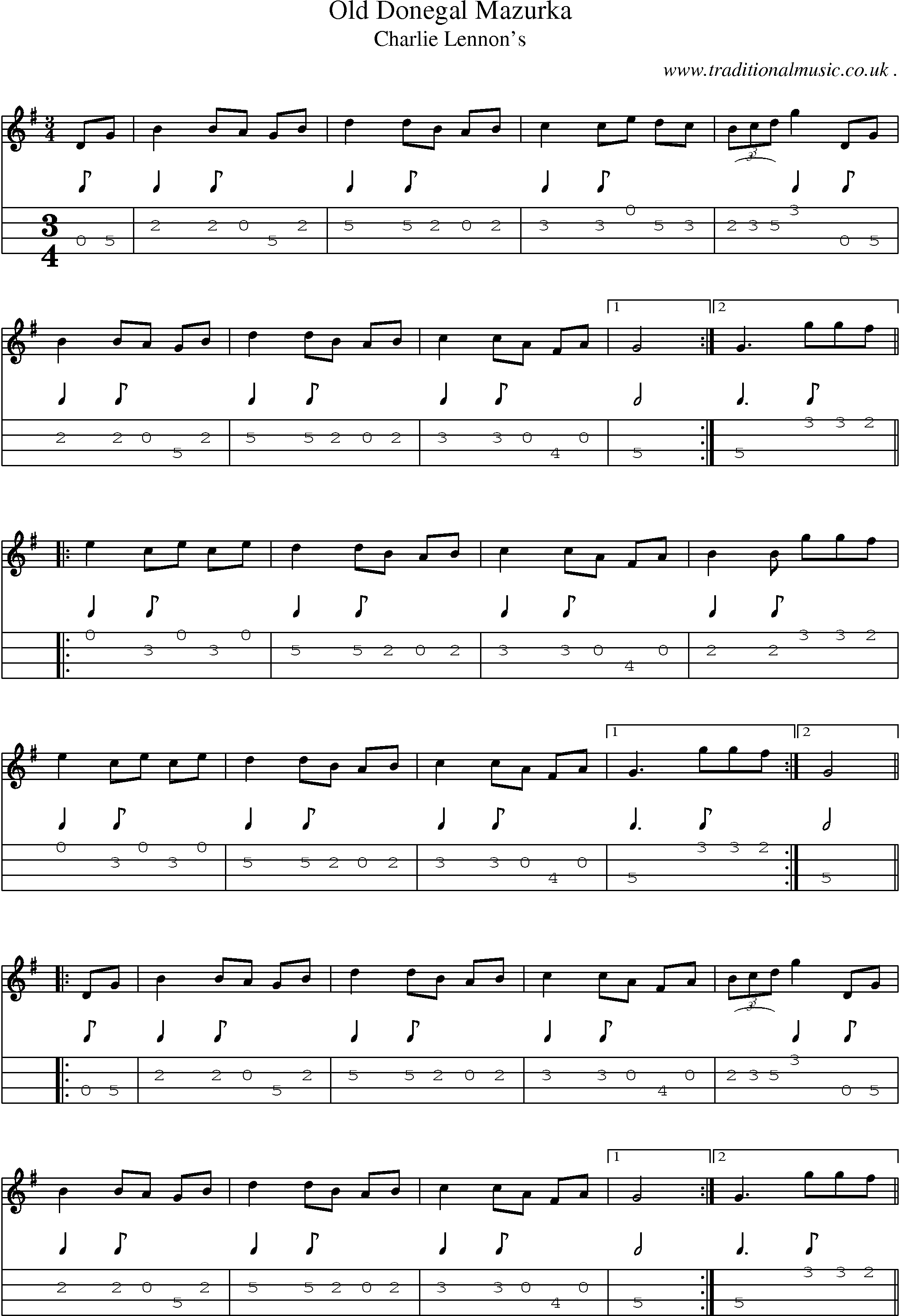 Sheet-Music and Mandolin Tabs for Old Donegal Mazurka