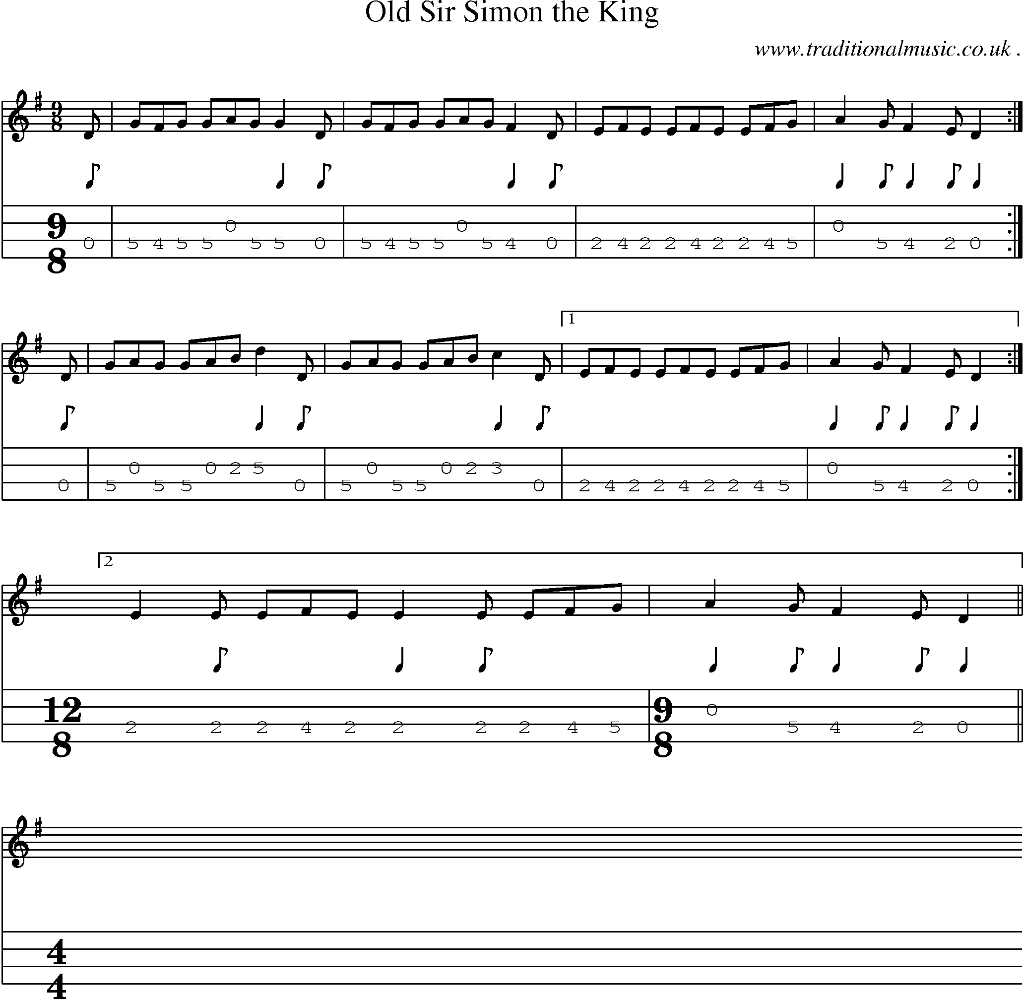 Sheet-Music and Mandolin Tabs for Old Sir Simon The King