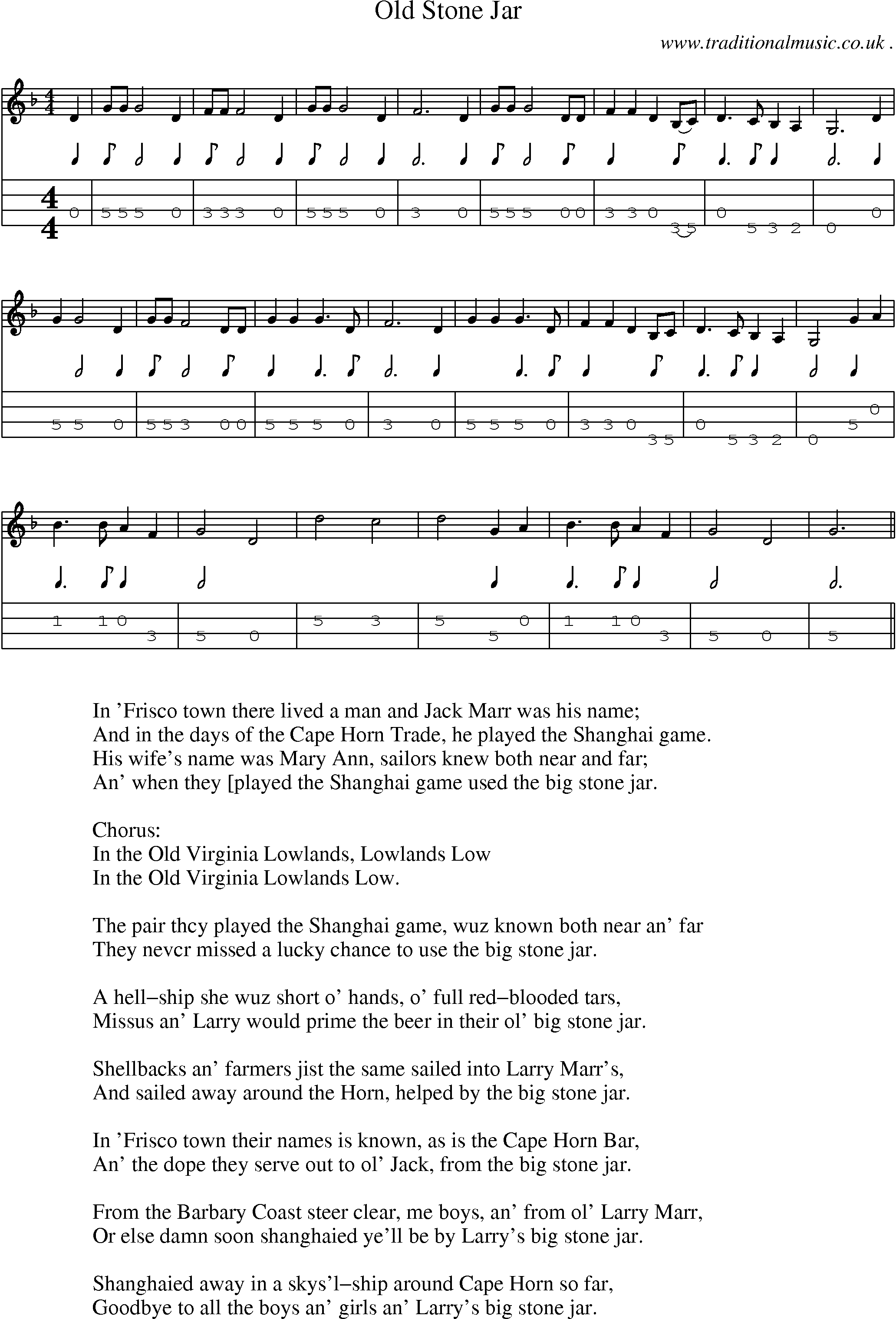 Sheet-Music and Mandolin Tabs for Old Stone Jar