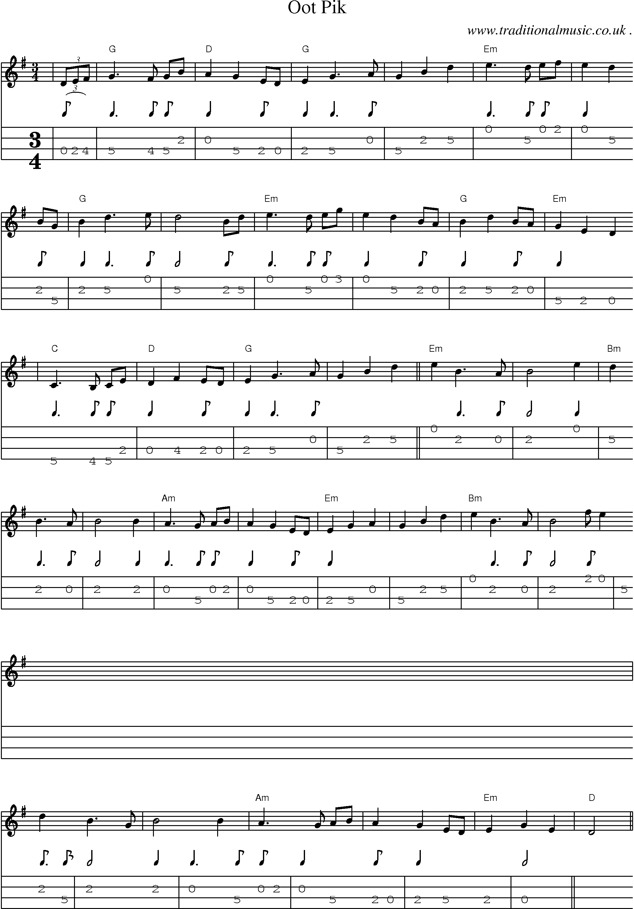 Sheet-Music and Mandolin Tabs for Oot Pik
