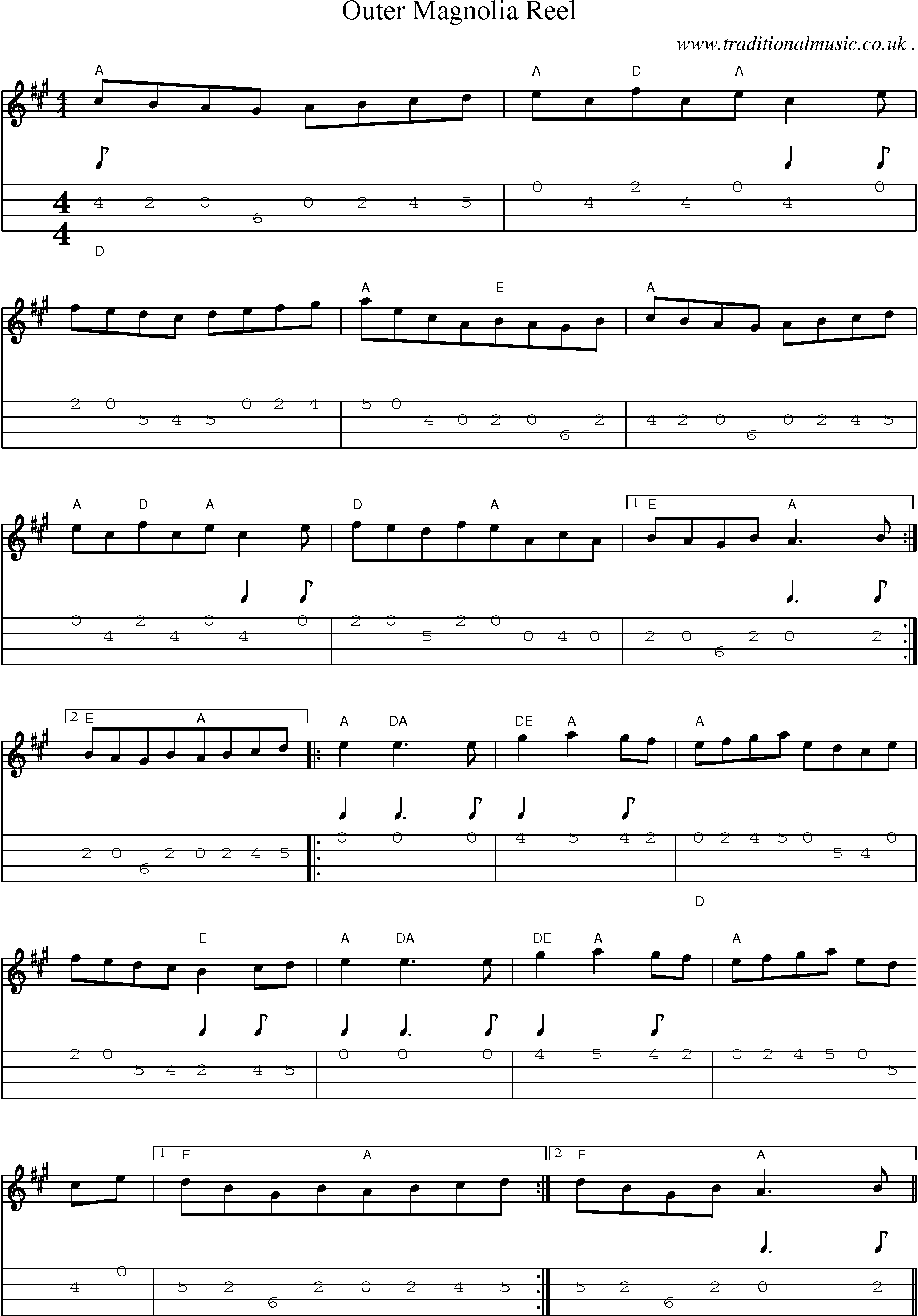 Sheet-Music and Mandolin Tabs for Outer Magnolia Reel