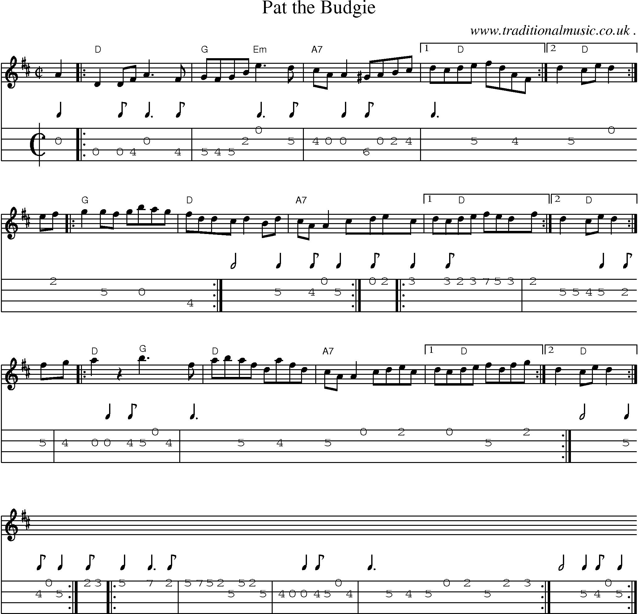 Sheet-Music and Mandolin Tabs for Pat The Budgie