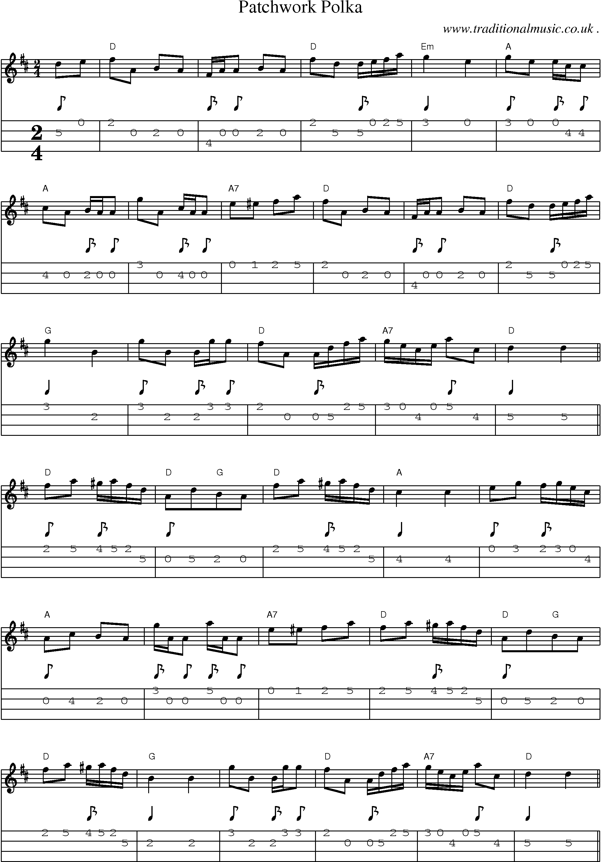 Sheet-Music and Mandolin Tabs for Patchwork Polka