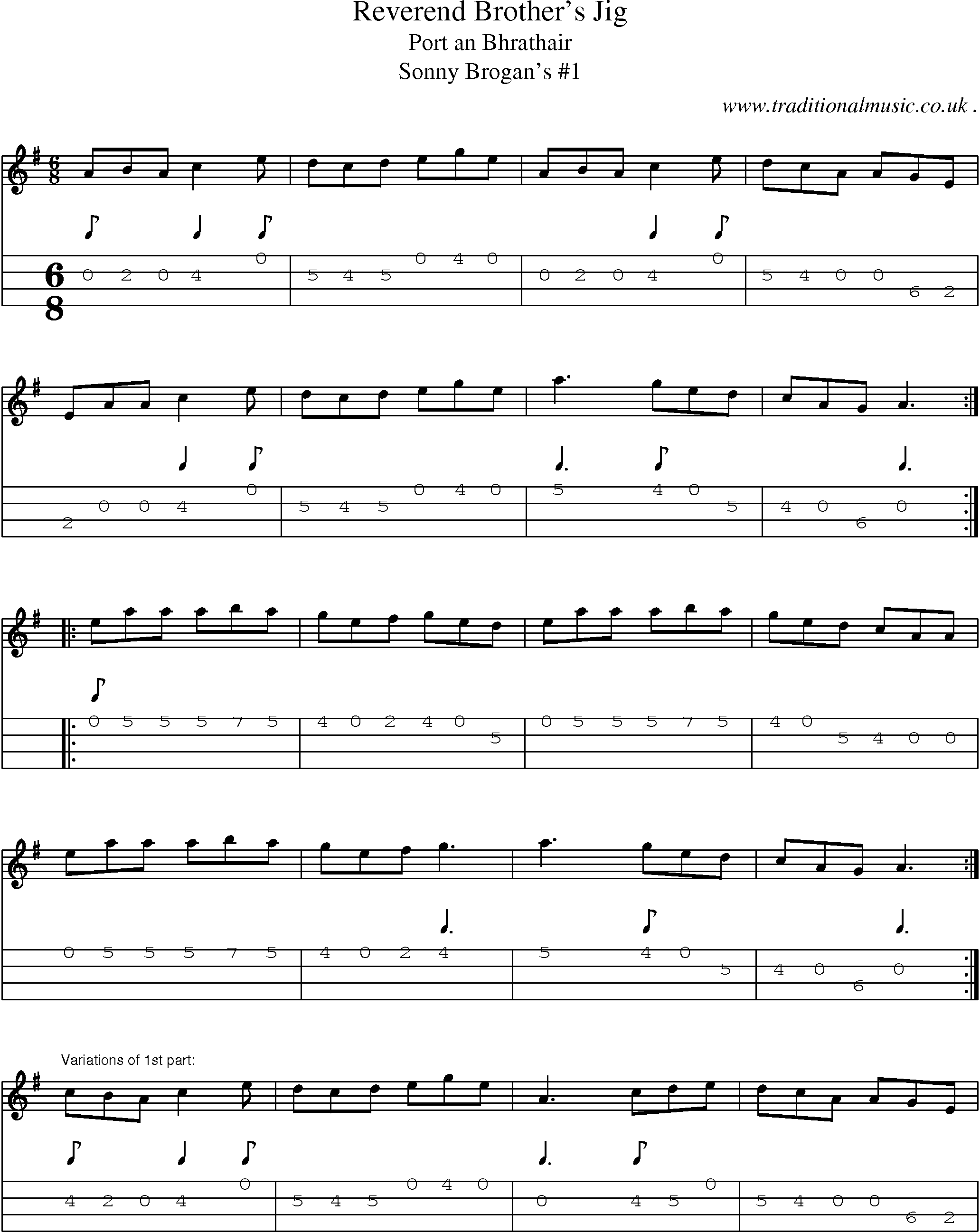 Sheet-Music and Mandolin Tabs for Reverend Brothers Jig