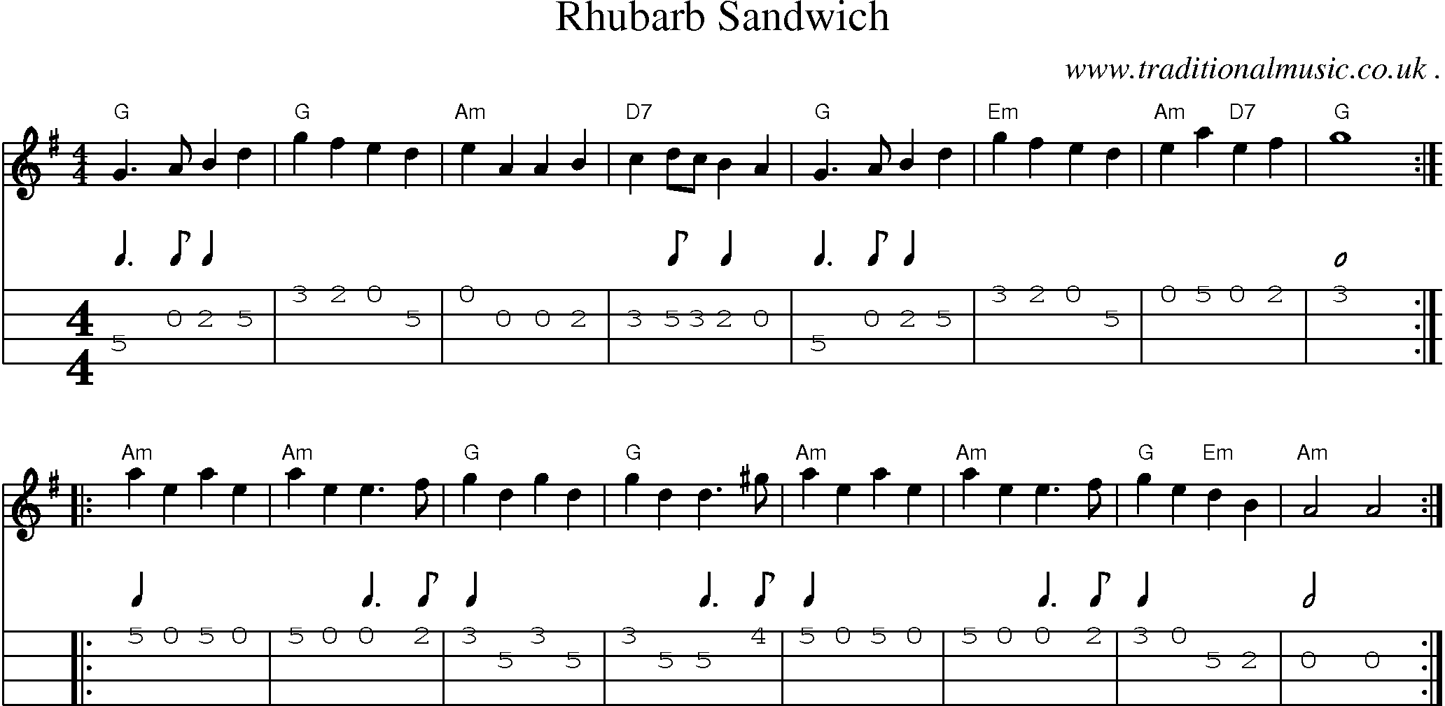 Sheet-Music and Mandolin Tabs for Rhubarb Sandwich