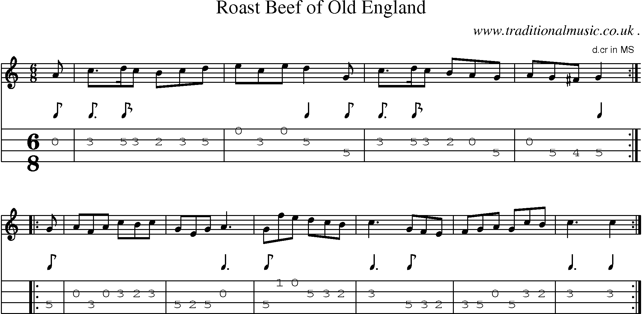 Sheet-Music and Mandolin Tabs for Roast Beef Of Old England