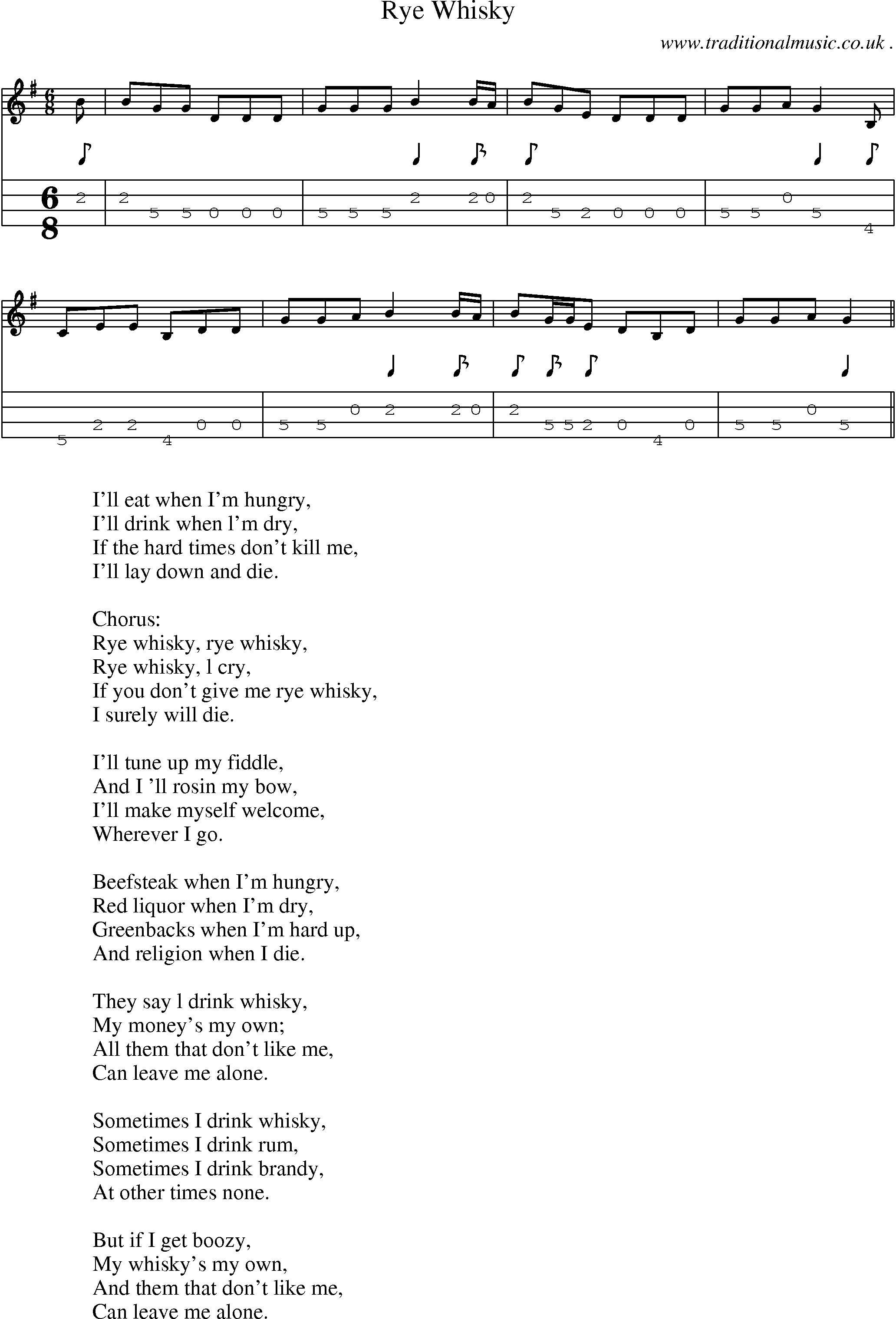 Sheet-Music and Mandolin Tabs for Rye Whisky