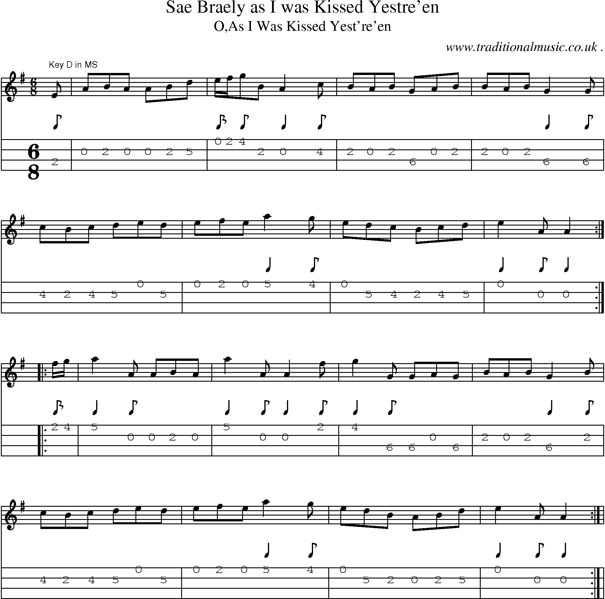 Sheet-Music and Mandolin Tabs for Sae Braely As I Was Kissed Yestreen