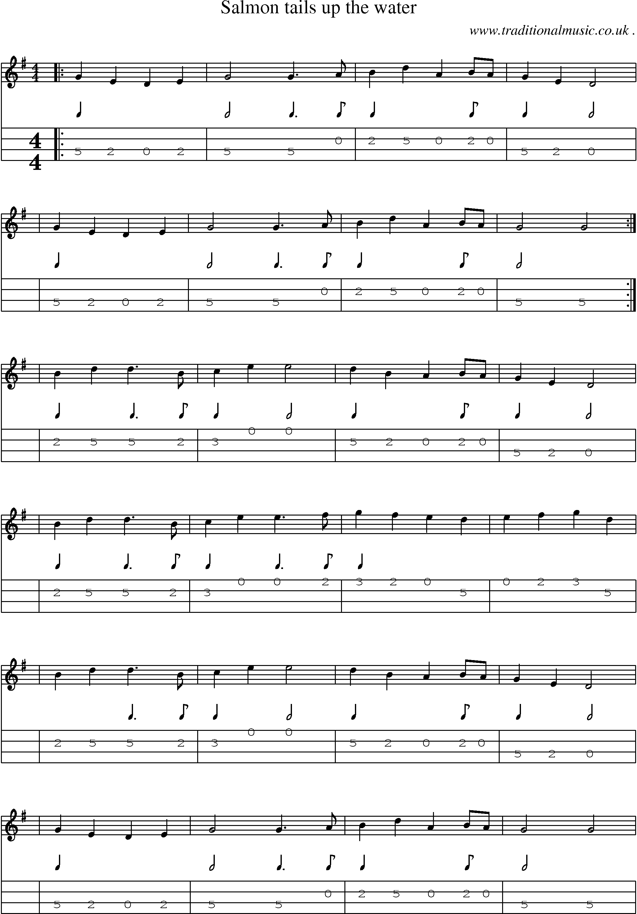 Sheet-Music and Mandolin Tabs for Salmon Tails Up The Water