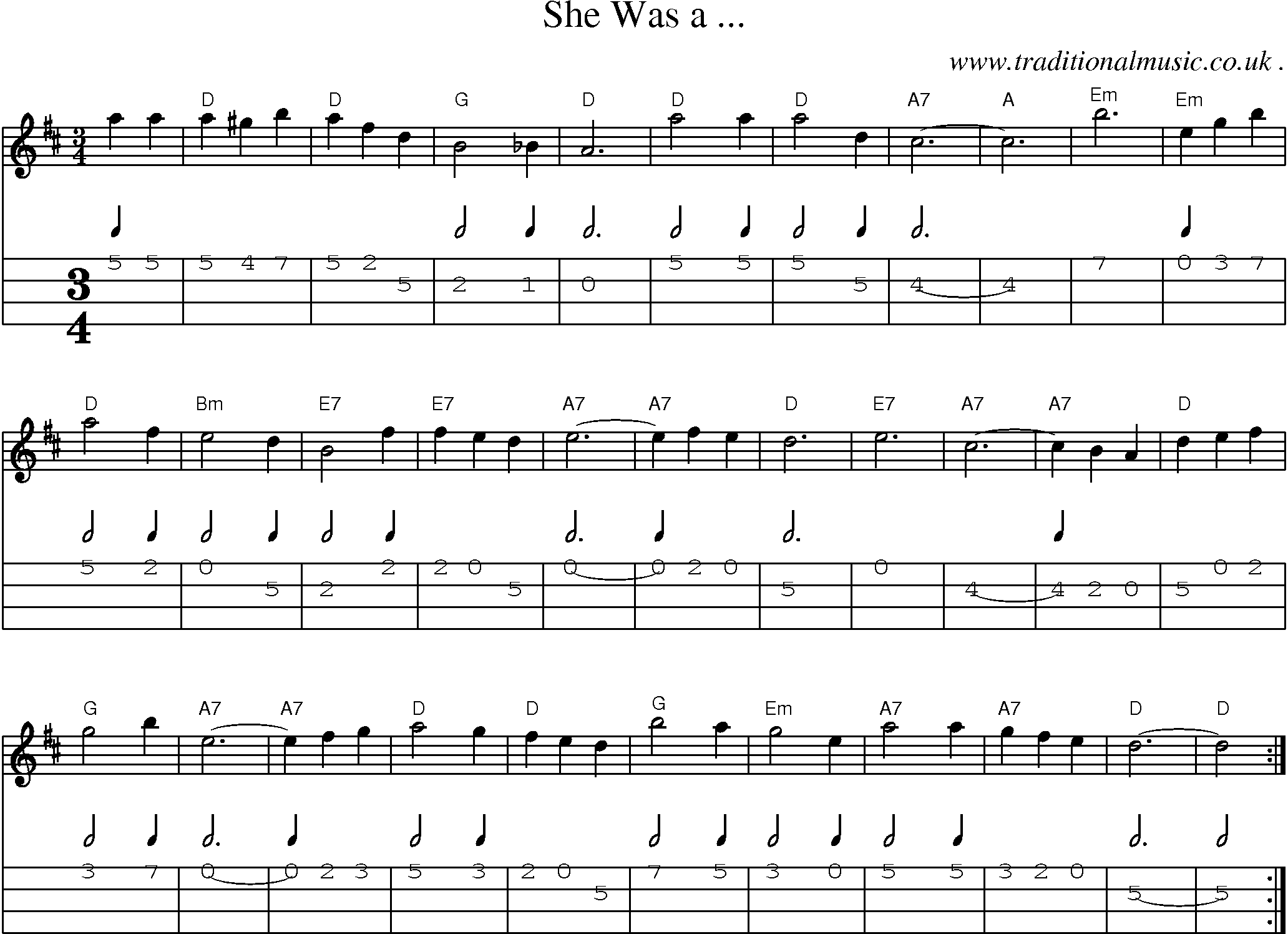 Sheet-Music and Mandolin Tabs for She Was A